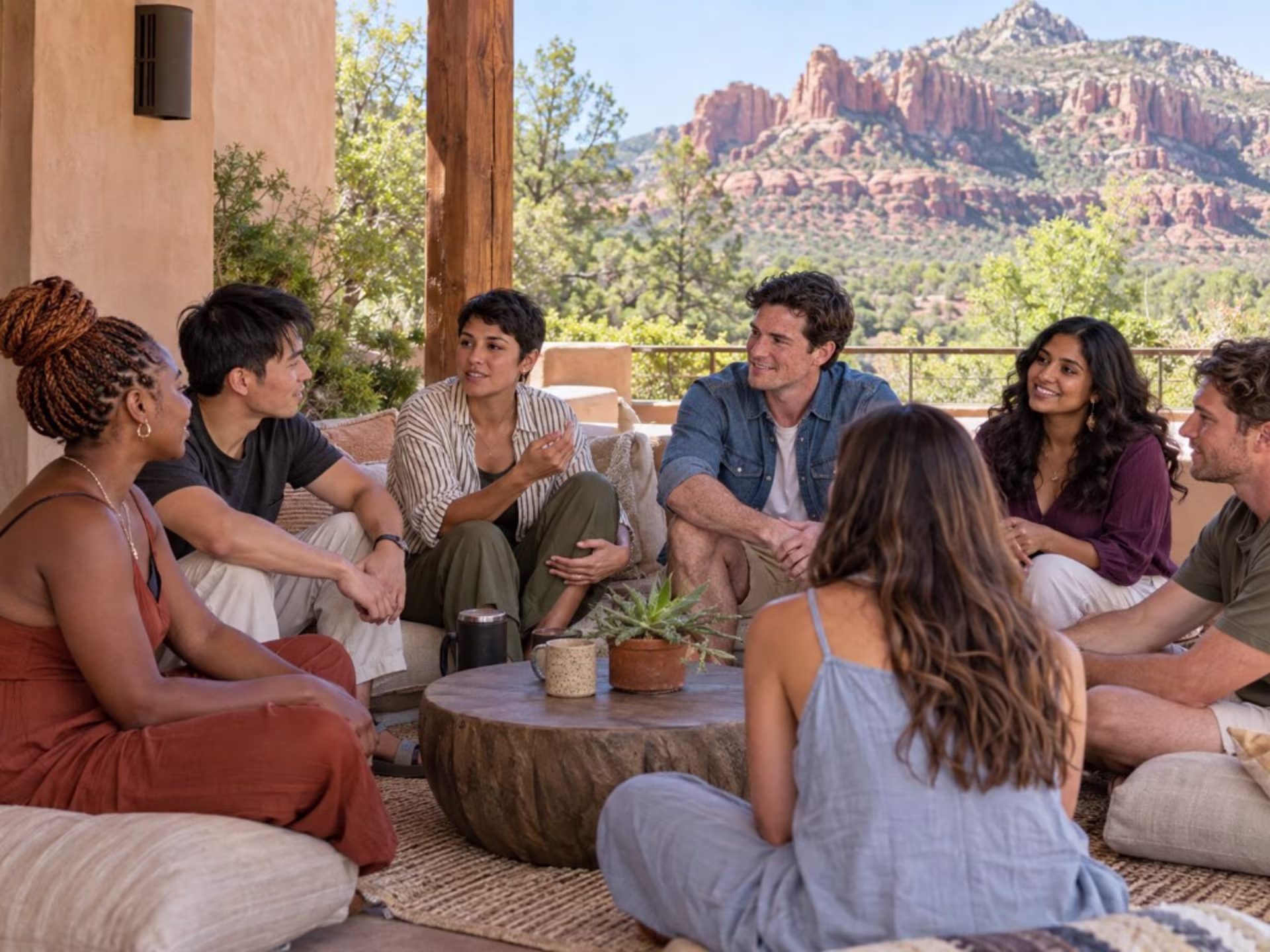 People talking together on a porch with red rock mountains behind them.