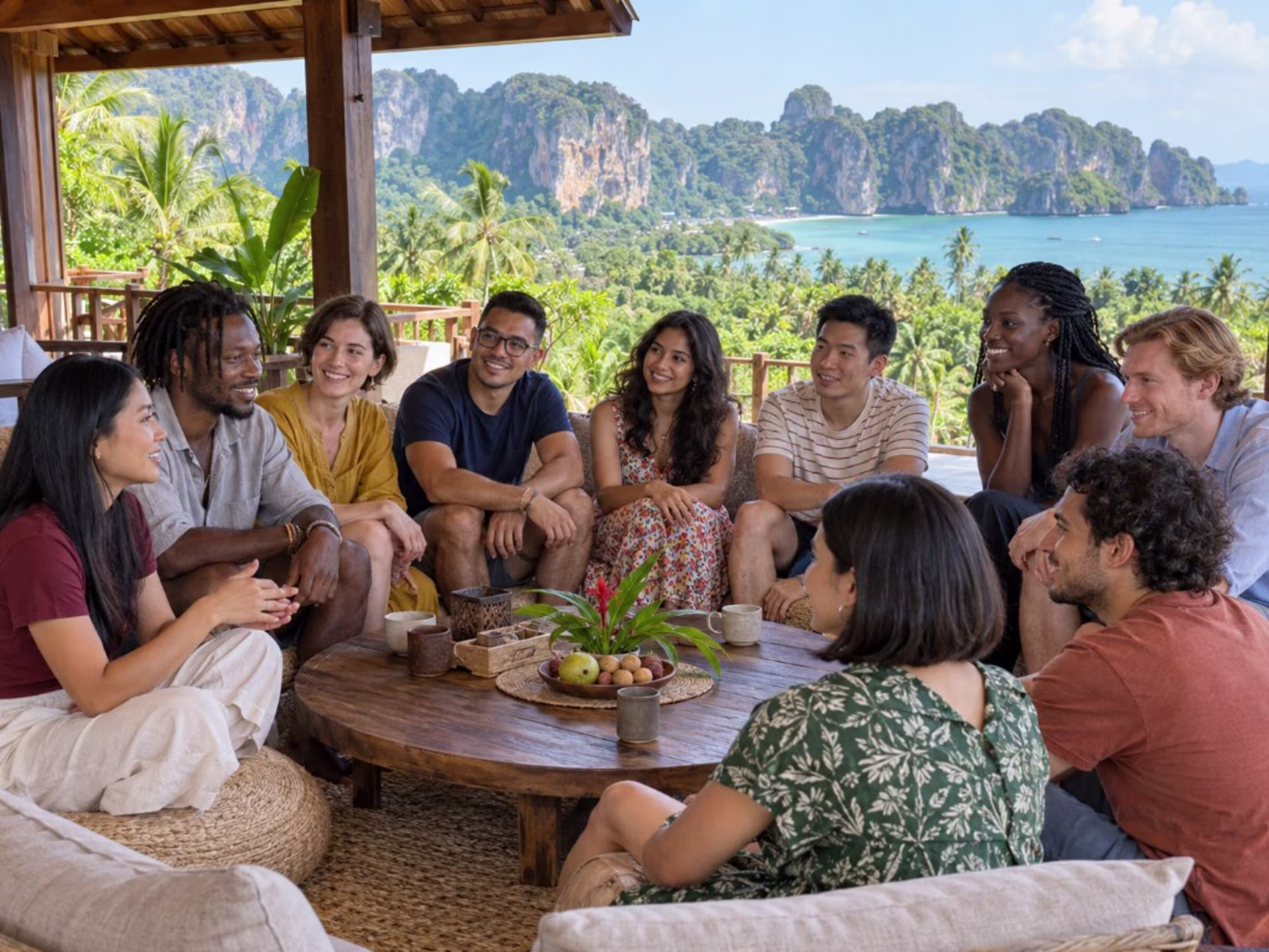 Friends gathered on a deck overlooking tropical limestone cliffs and the sea.