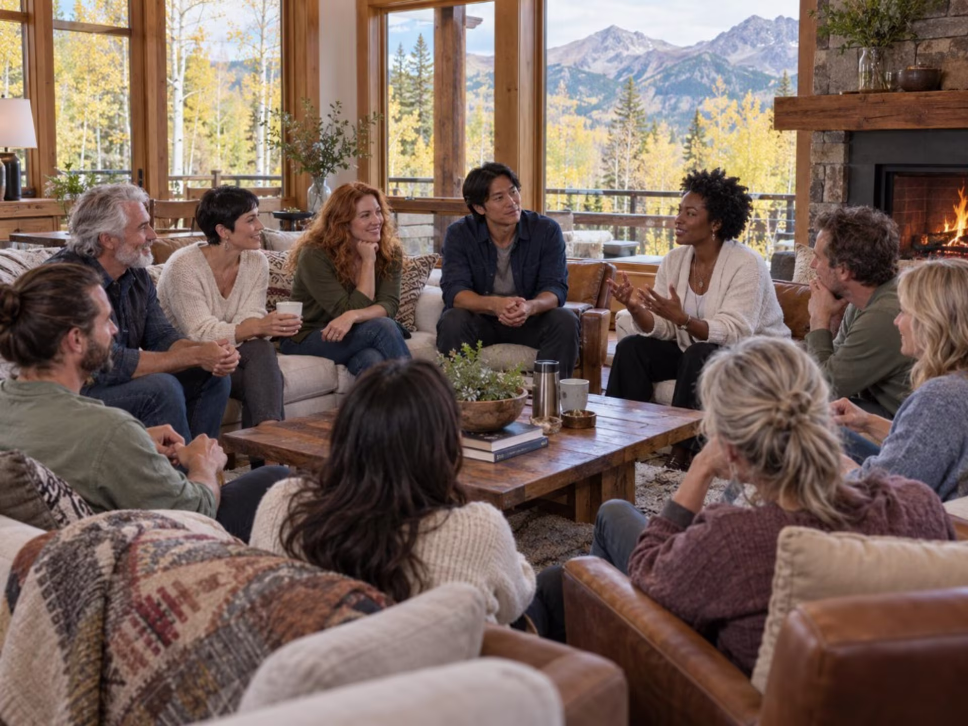 People talking together in a cabin living room with mountains outside.
