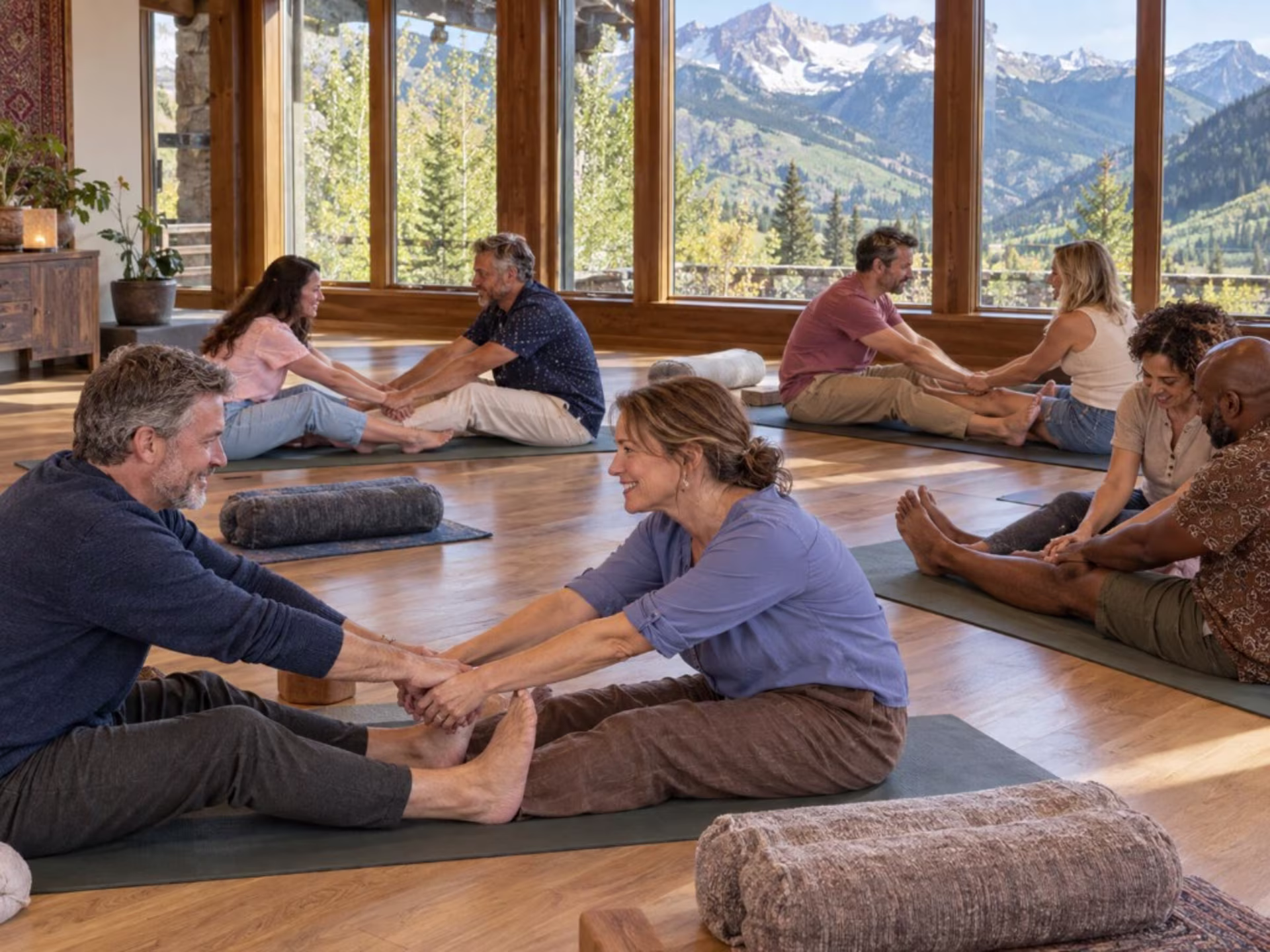 Partners sitting on mats and holding each other's hands during a guided stretch.