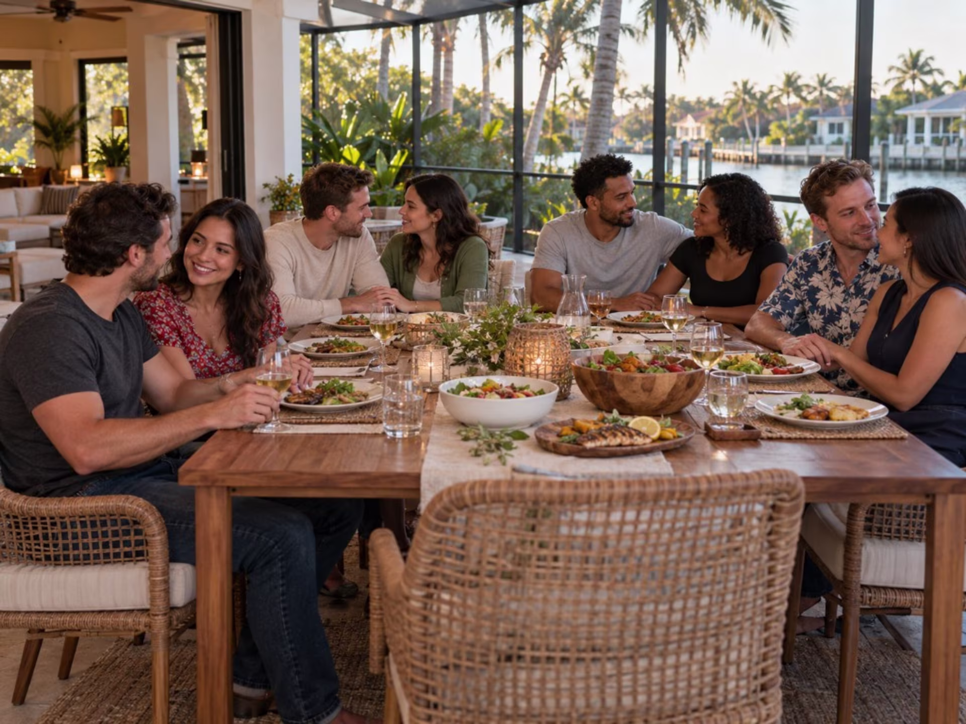 Couples sharing a meal together at a long dining table.