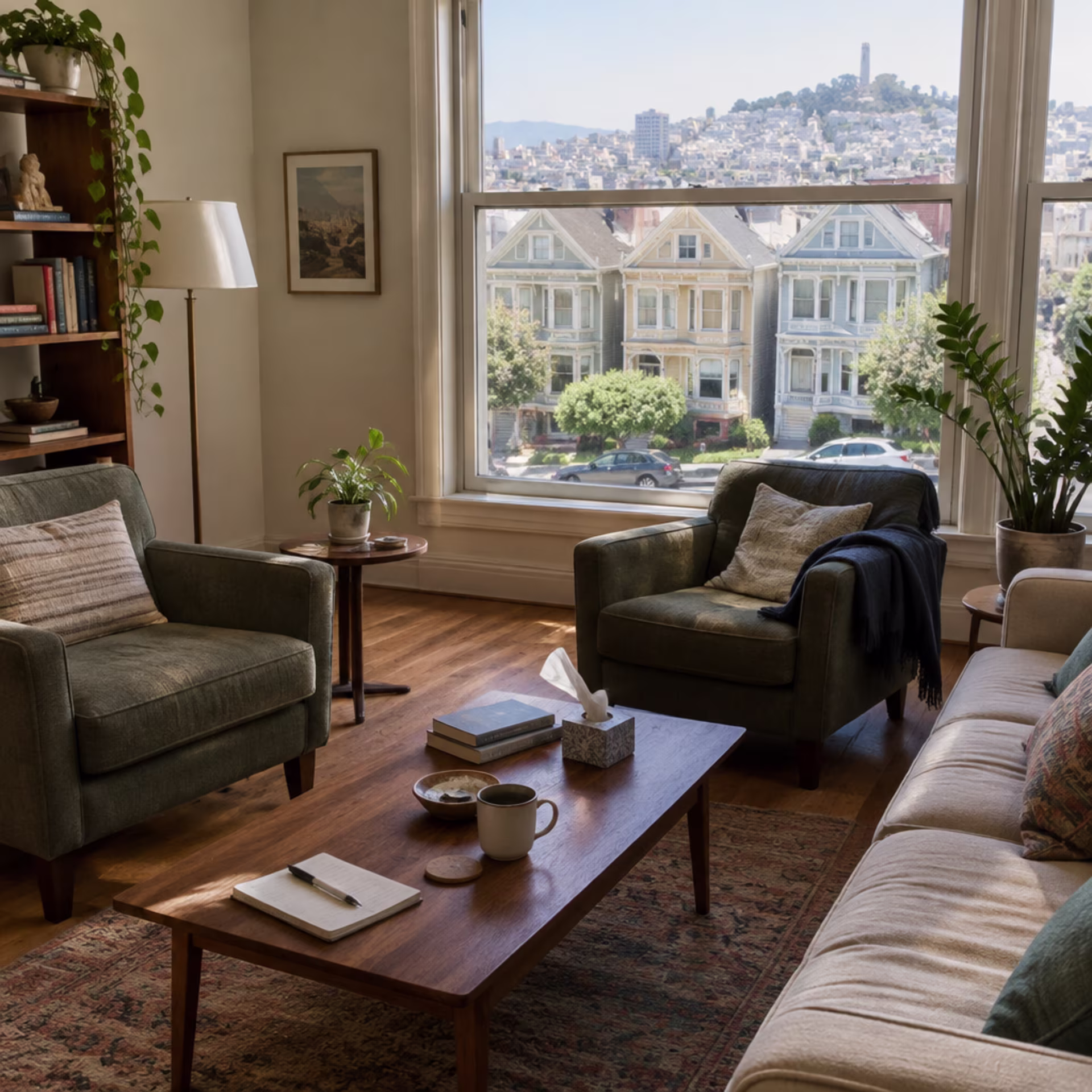 Couples therapy office in San Francisco with the city outside the window