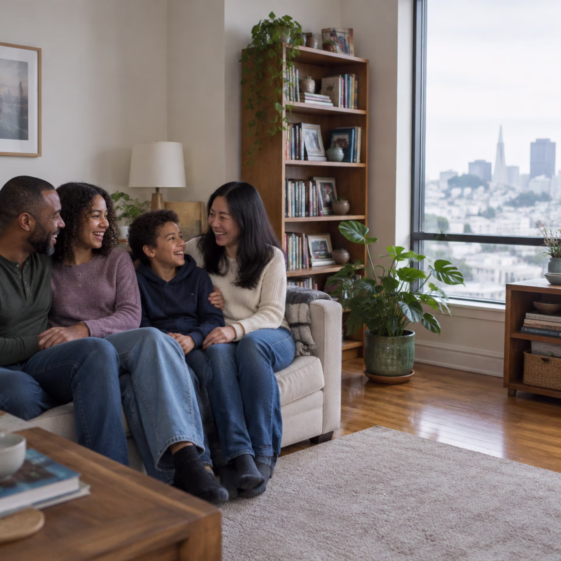 Happy family sitting together on a couch during family therapy in San Francisco
