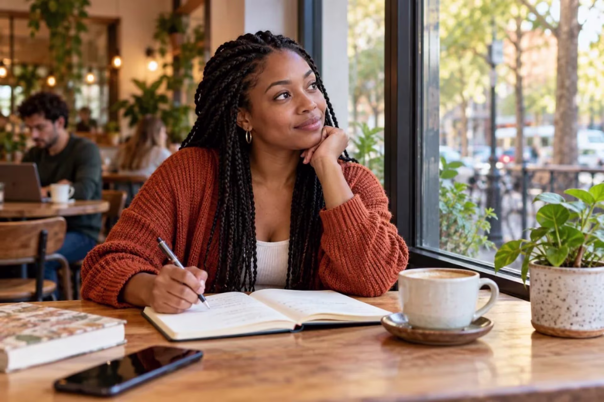 A woman in a cafe writes in a notebook and looks out the window