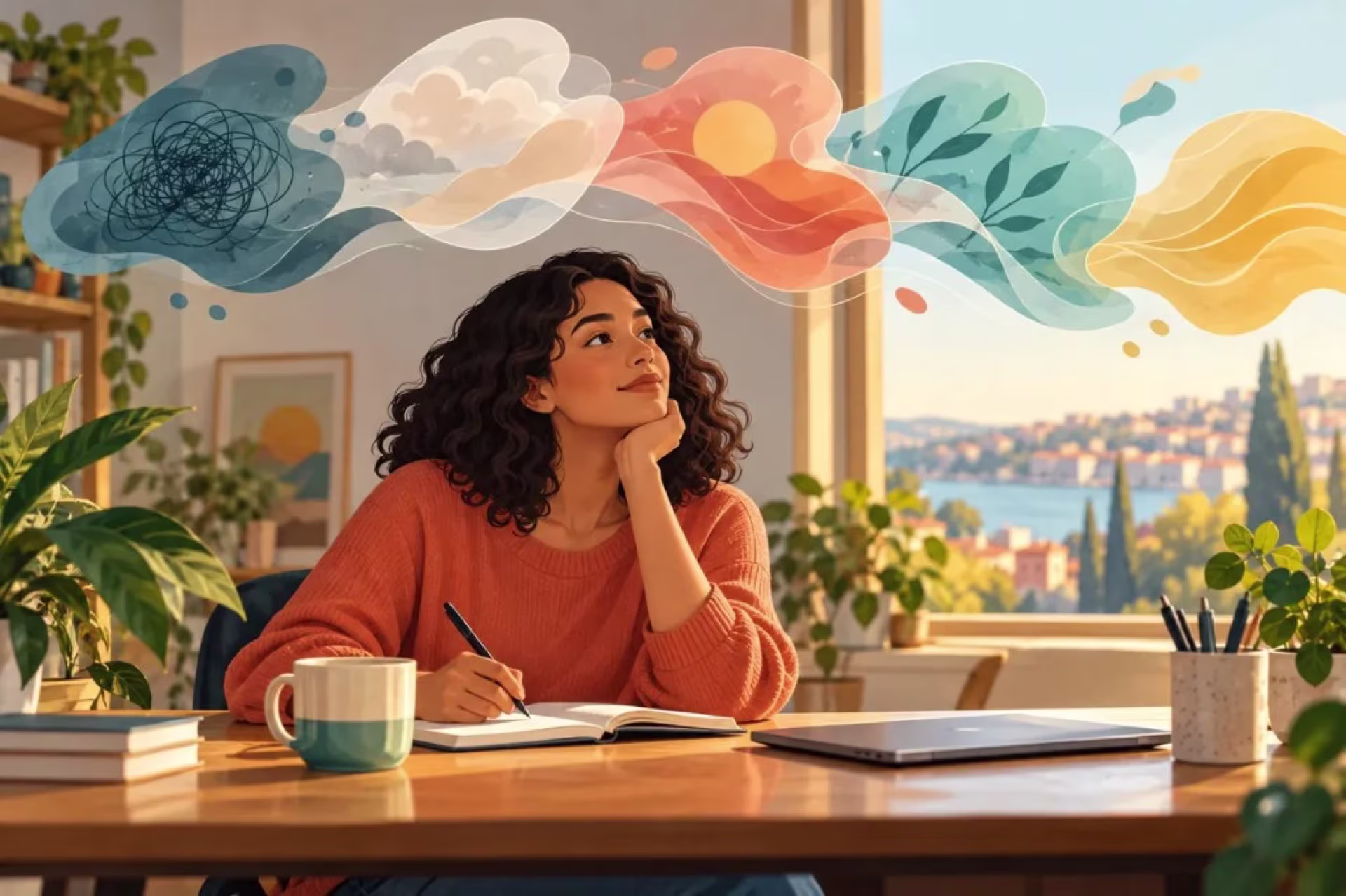 An illustration of a woman writing while thought shapes move from a tangle to a calm landscape