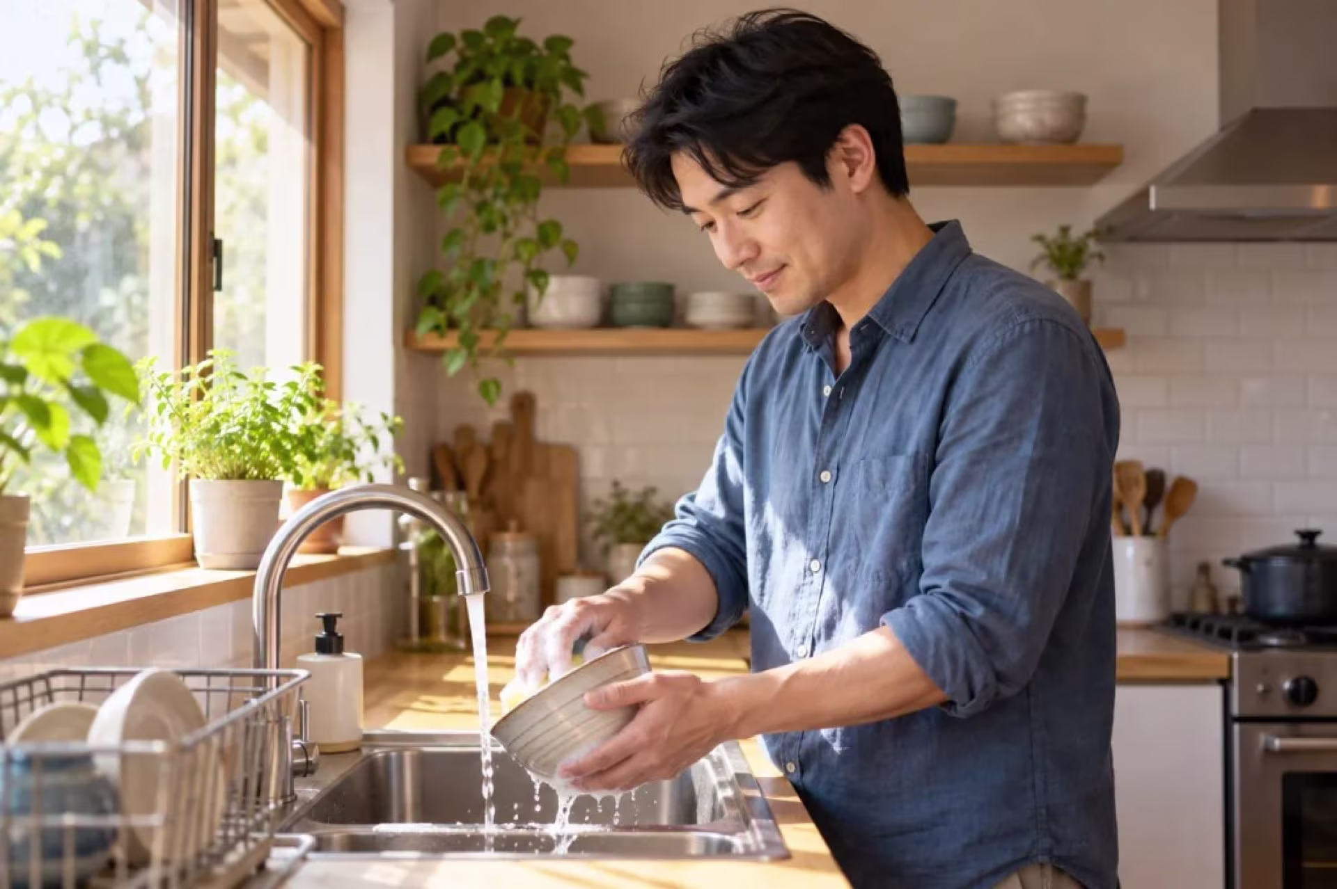 A man washes a bowl at a sunny kitchen sink