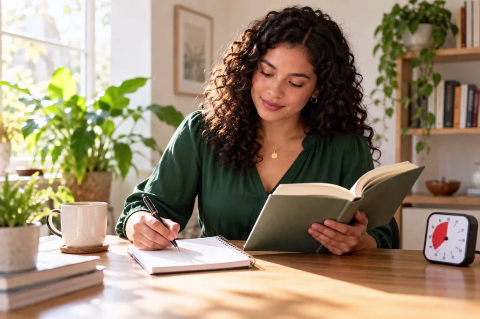 A woman reads a book and writes notes at a wooden desk