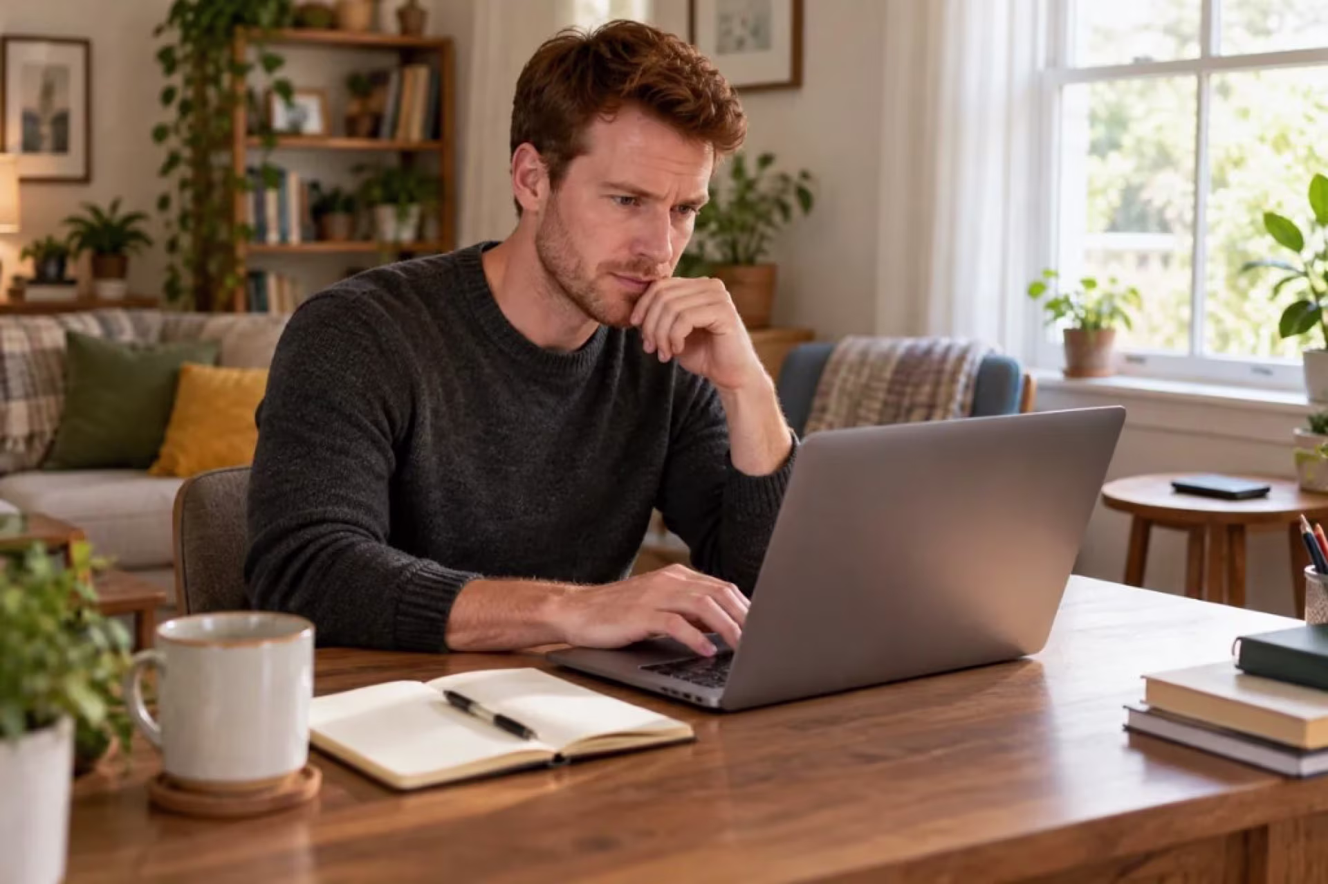 A man stays with a hard task at his laptop, chin resting on his hand