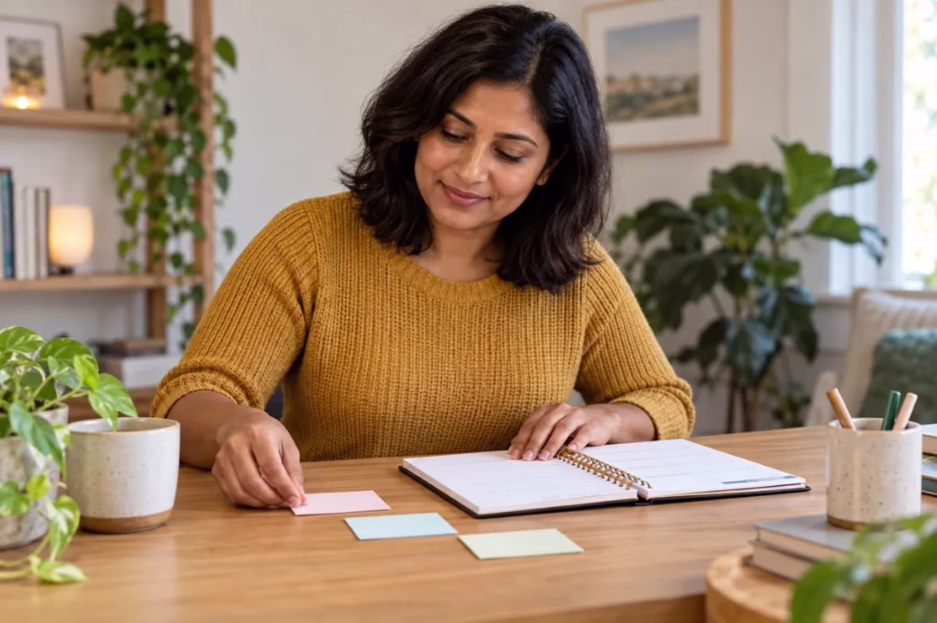 A woman chooses one card from a planner on a wooden desk