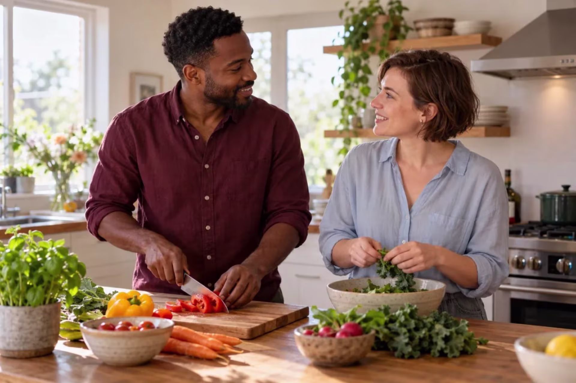 A couple cooks together at a kitchen island and smiles at each other