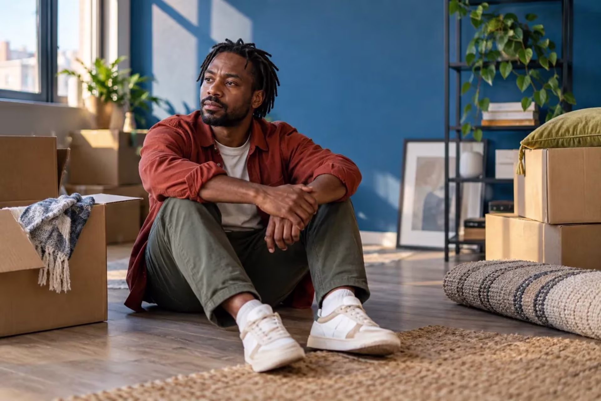 A man sits among moving boxes after a relocation, a life stressor that can trigger adjustment disorder with depressed mood