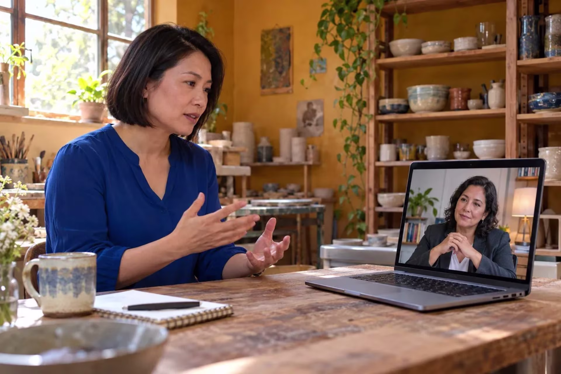 A woman talks with a therapist on a video call, psychotherapy for situational depression after a life change