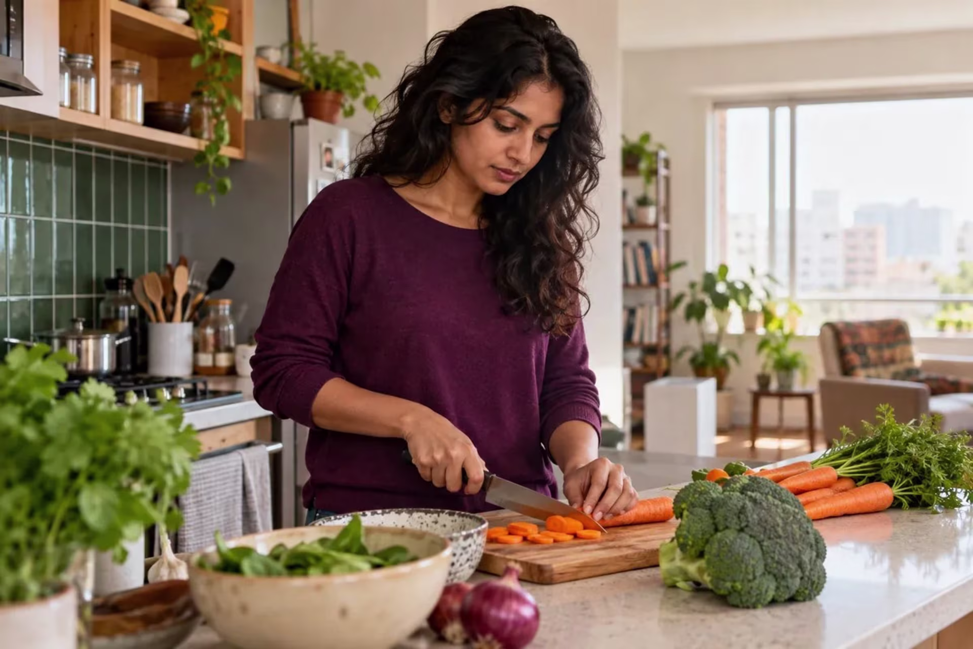A woman prepares a vegetable meal, rebuilding daily routines during situational depression