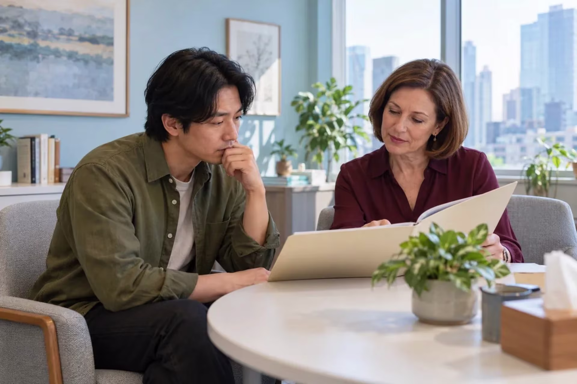 Patient and psychiatrist reviewing past treatment trials during a treatment-resistant depression assessment.