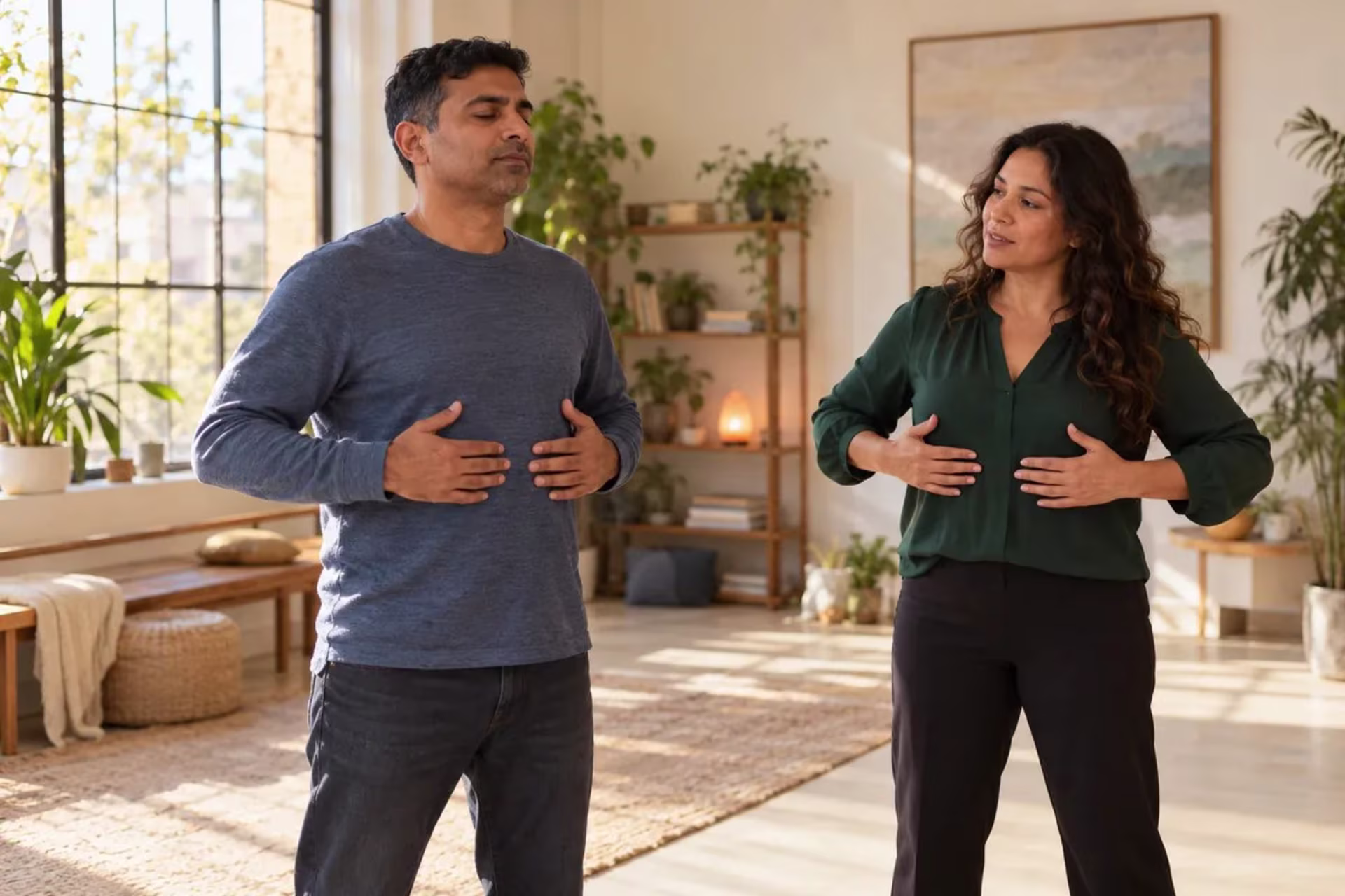 Man practicing a gentle body-awareness exercise with a therapist during a somatic therapy session.