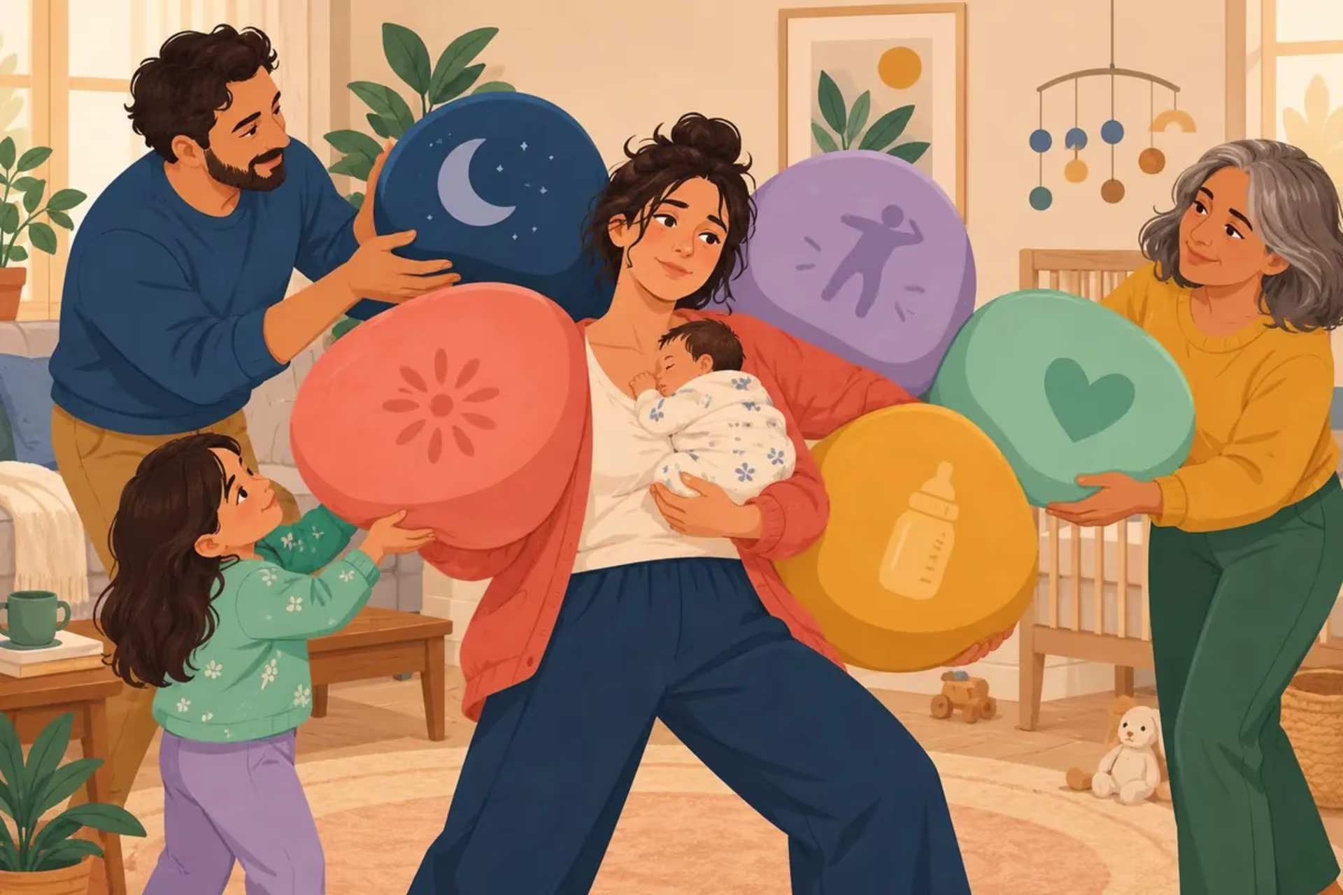 Illustration of family support sharing the sleep, recovery, and caregiving demands that contribute to postpartum depression.