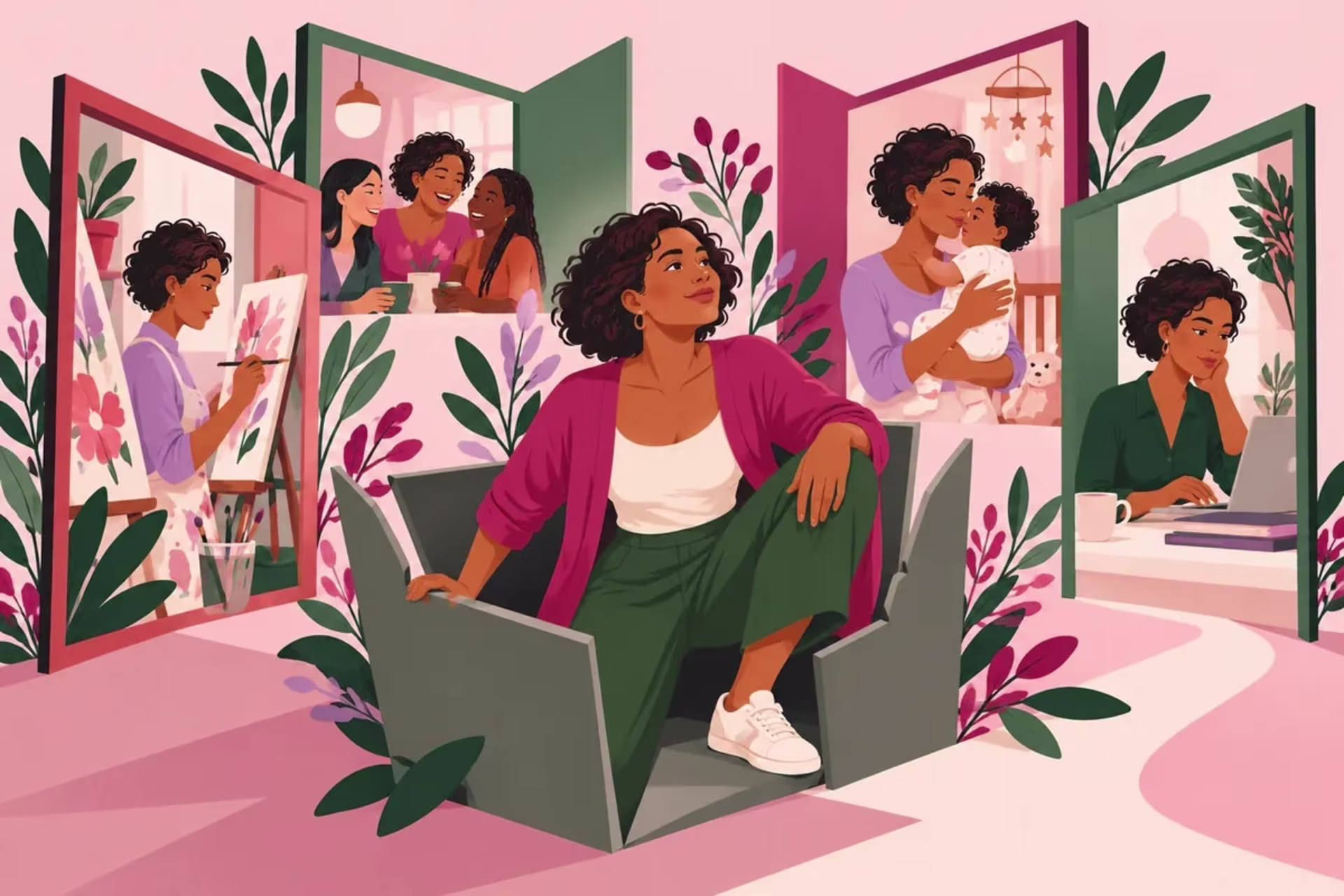 Illustration of rebuilding identity and self-compassion beyond rigid expectations of parenthood.