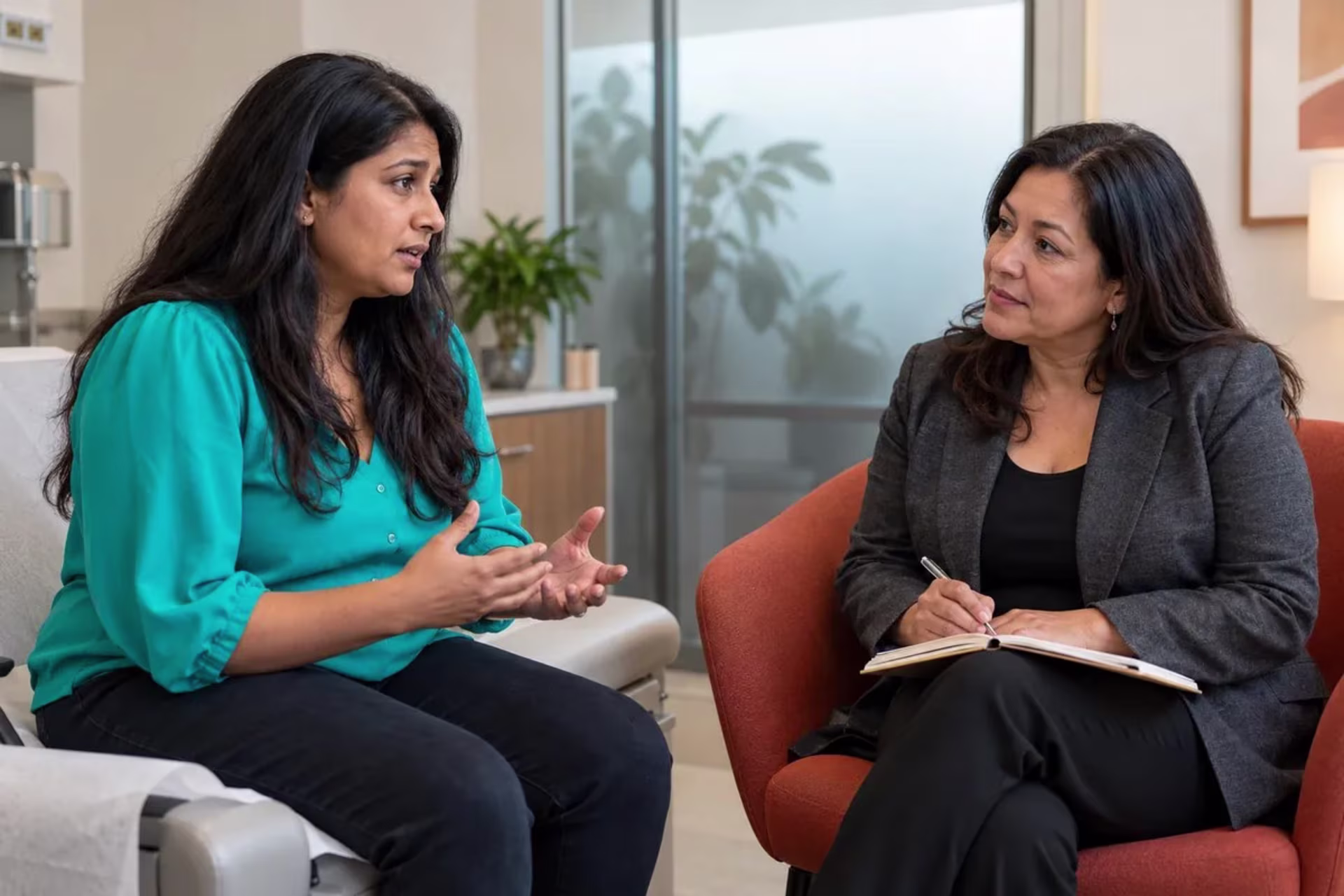 Mother discussing postpartum depression symptoms with a healthcare professional.