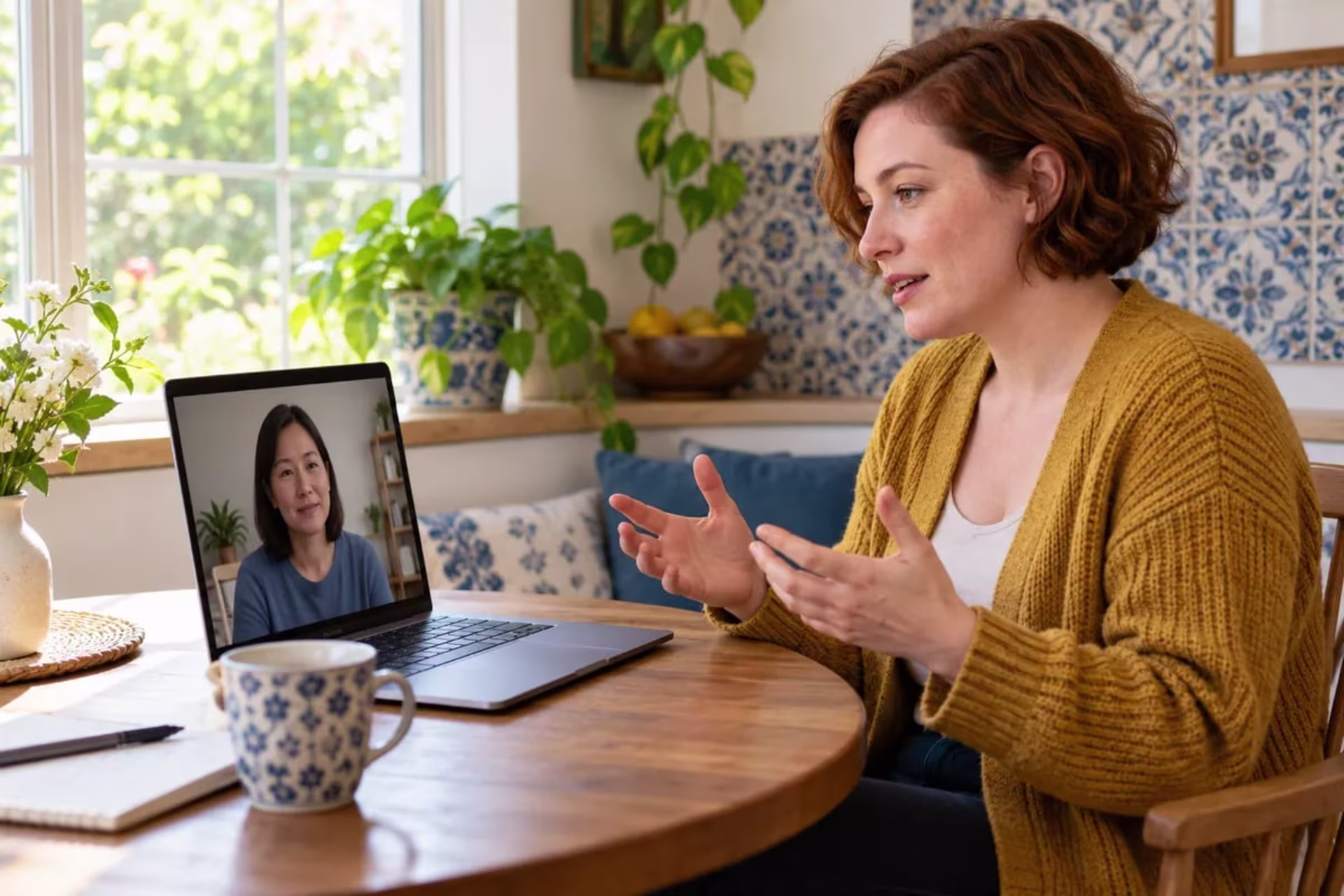 Mother accessing online therapy for postpartum depression from home.