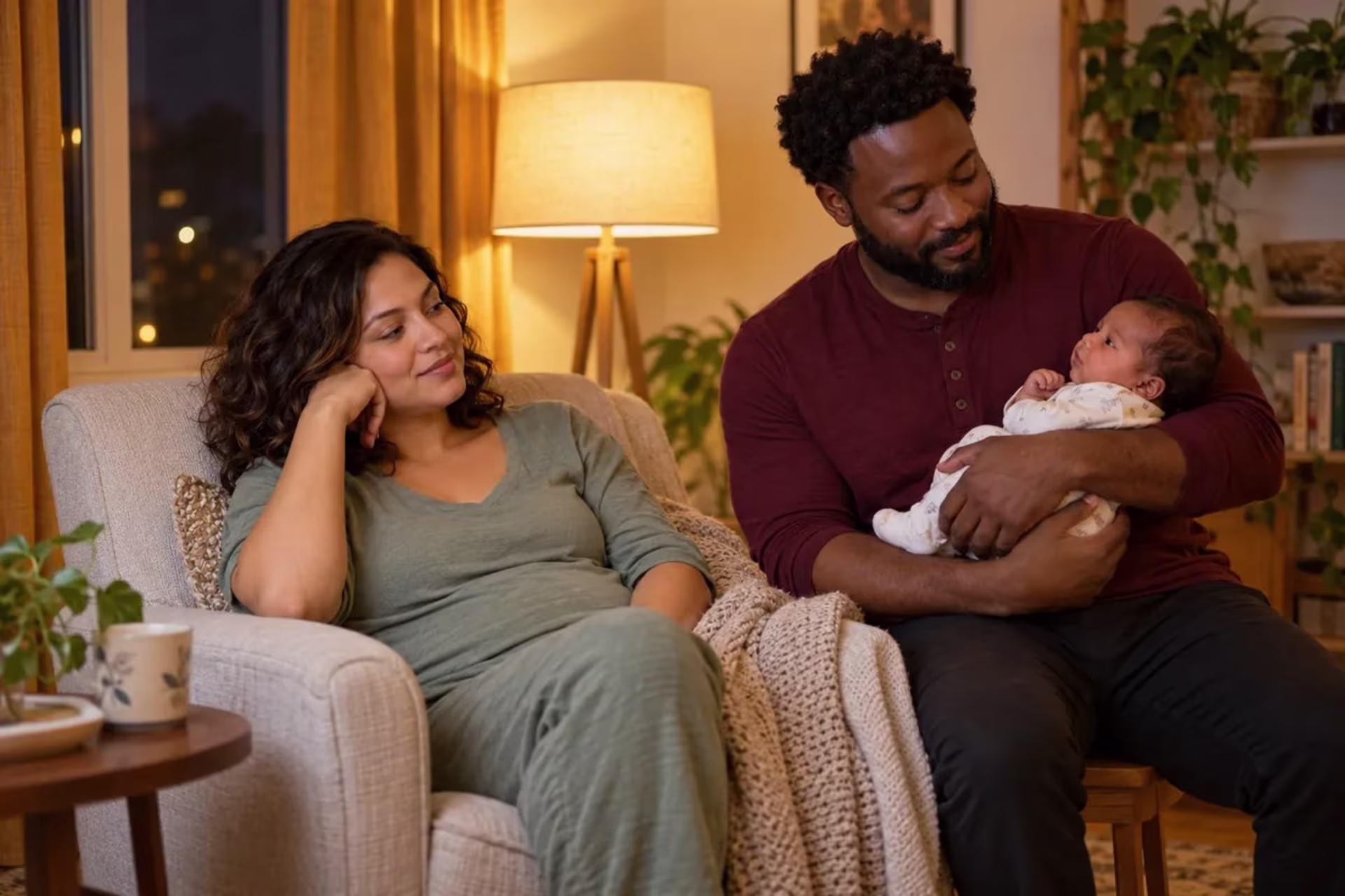 Partner caring for a newborn while a mother takes a supported rest break.