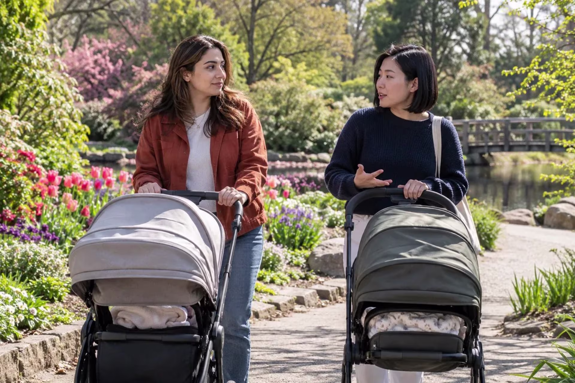 New parents sharing a short walk and social connection as part of postpartum depression recovery support.