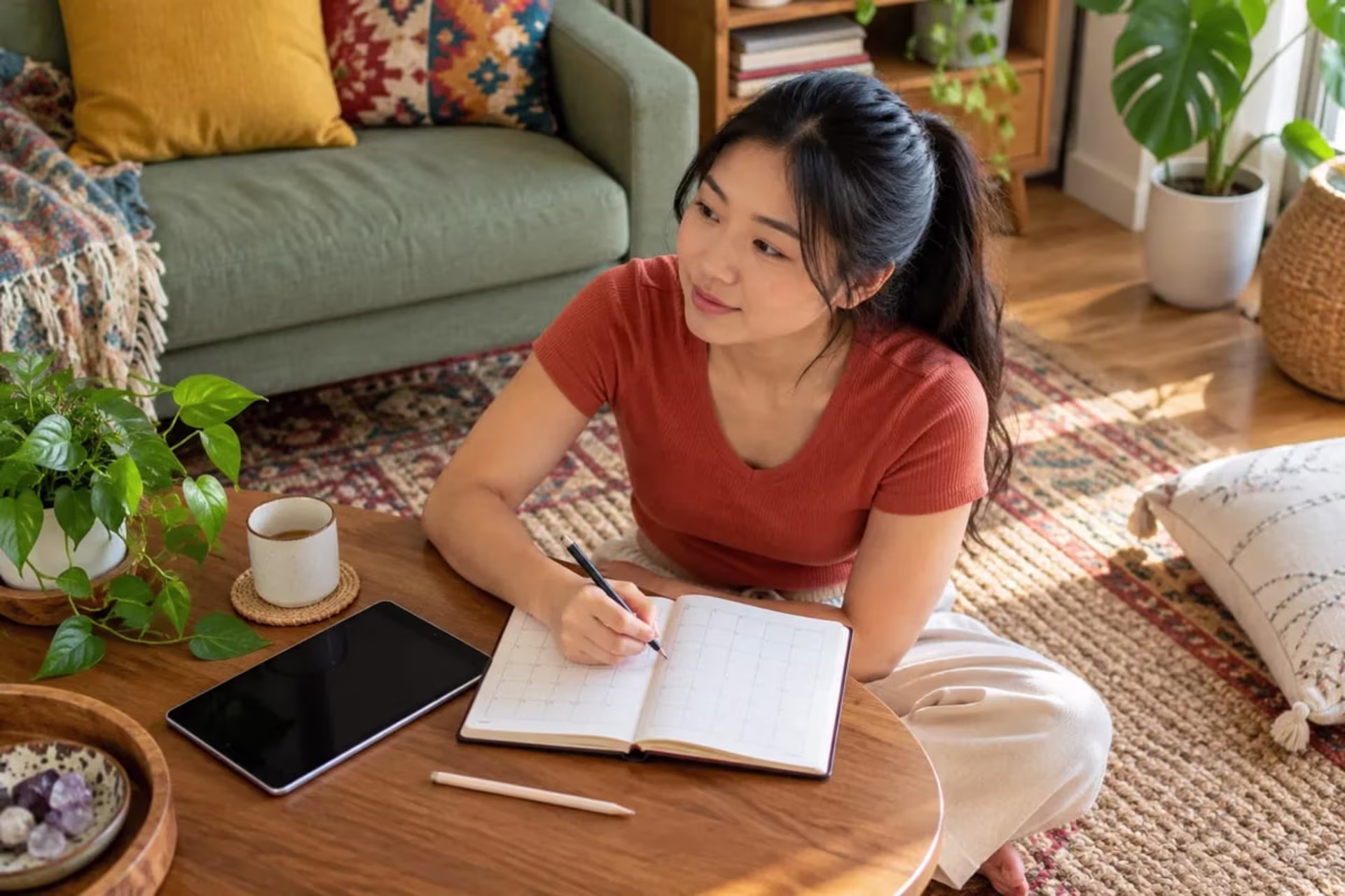 Woman recording daily mood and menstrual-cycle symptoms in a PMDD tracking journal.