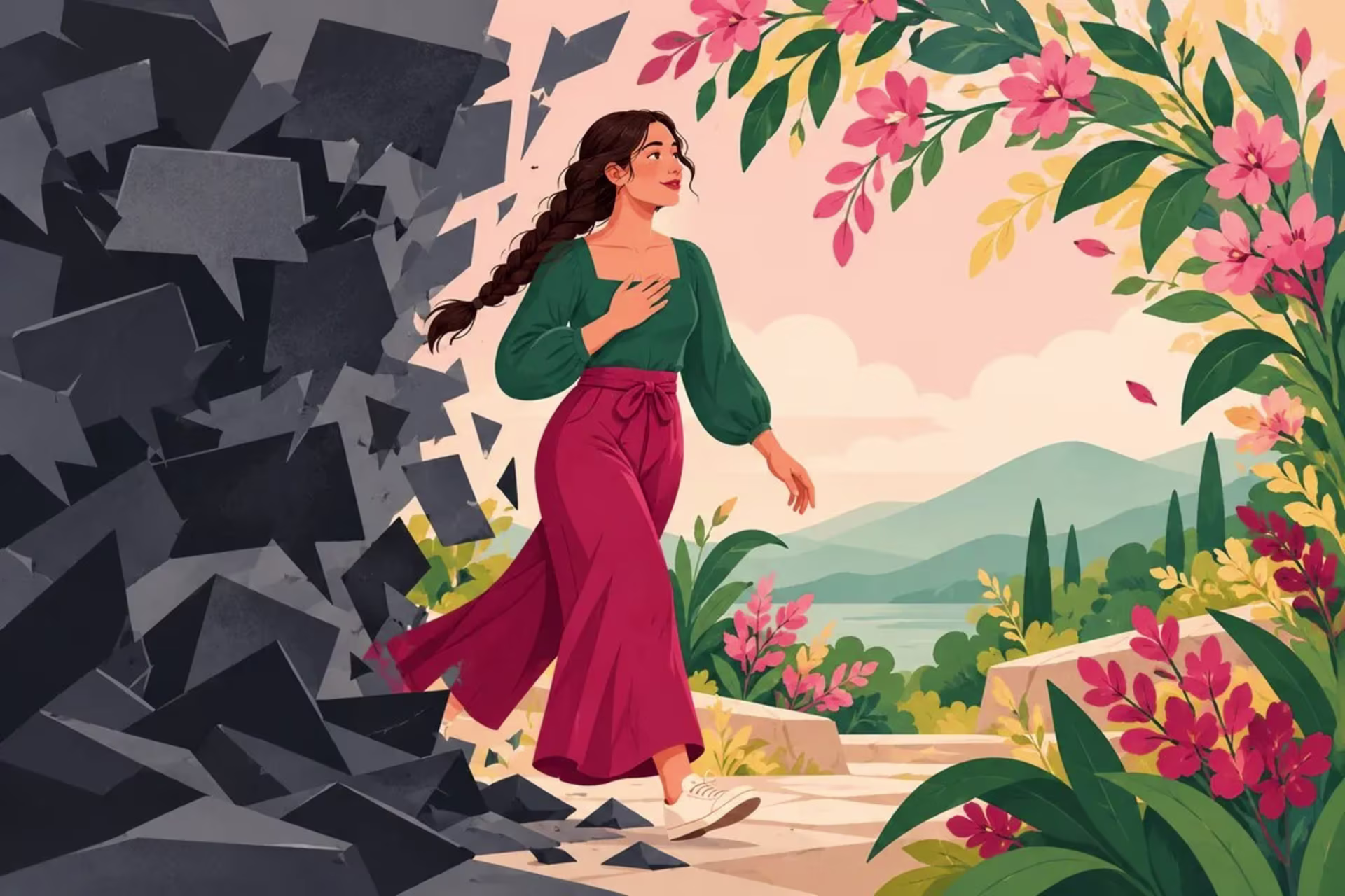 Illustration of moving from self-criticism toward self-compassion in PMDD therapy.