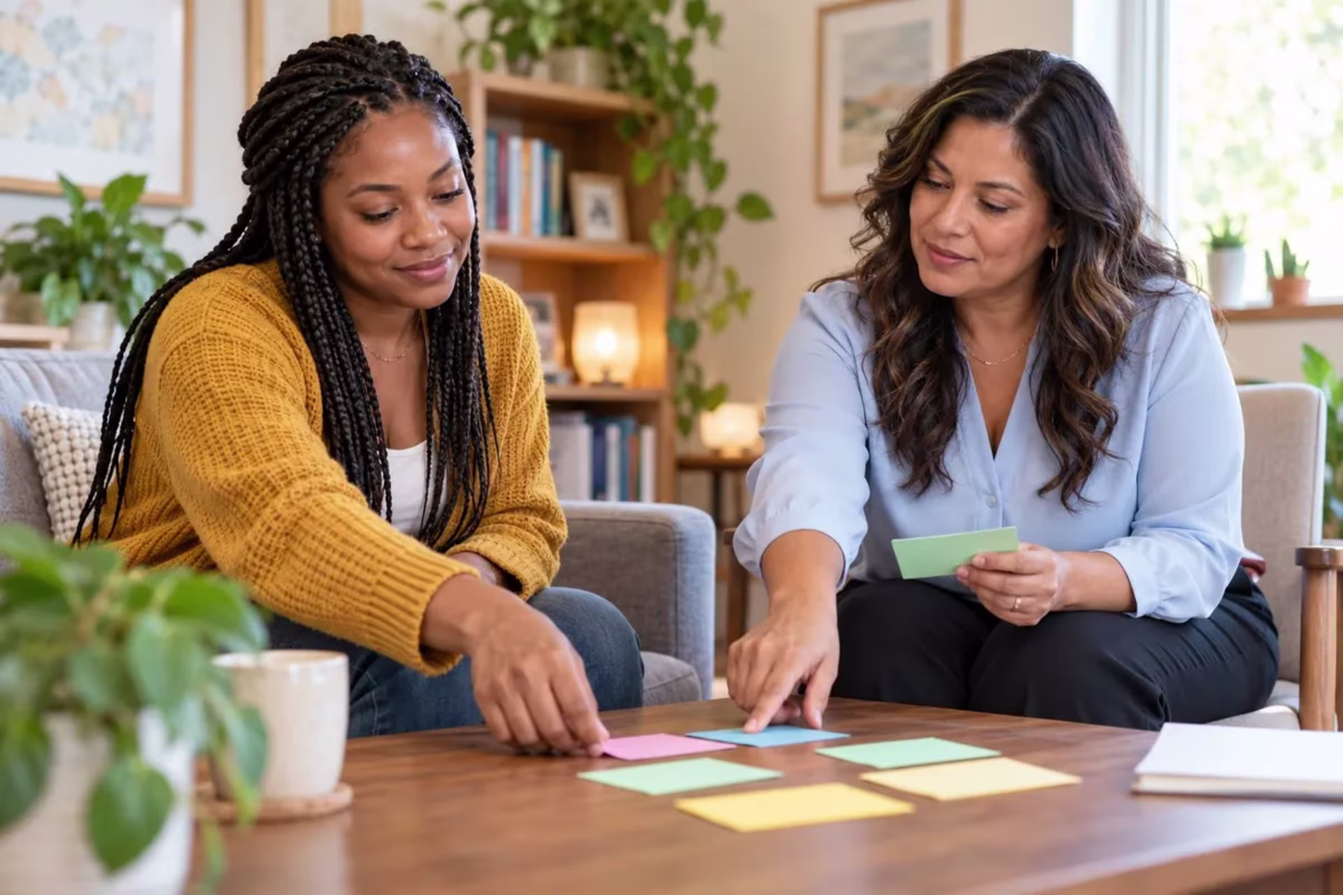 Client and therapist planning small behavioral experiments using cards.