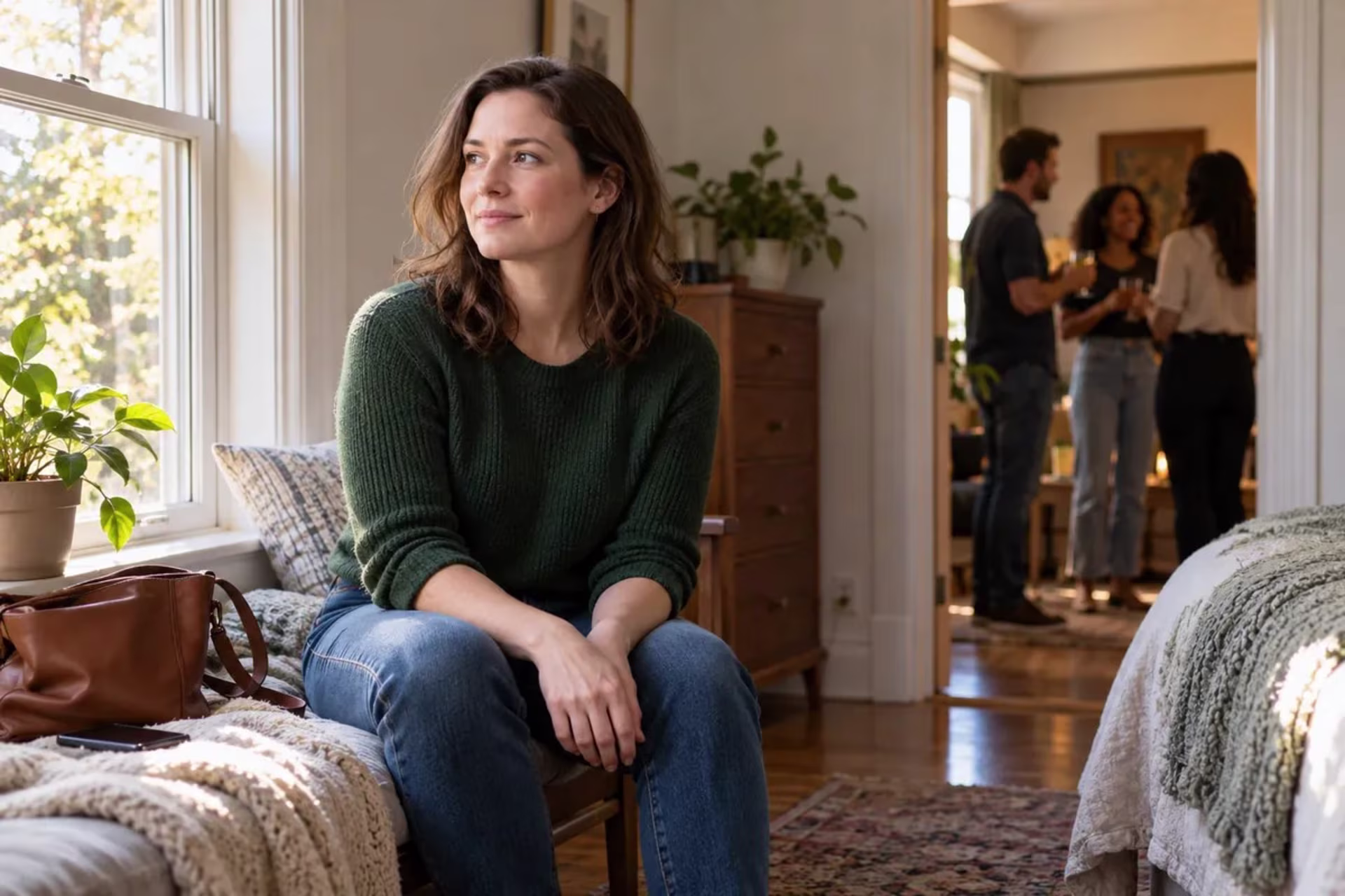 Woman taking a mindful grounding pause before joining a social gathering.