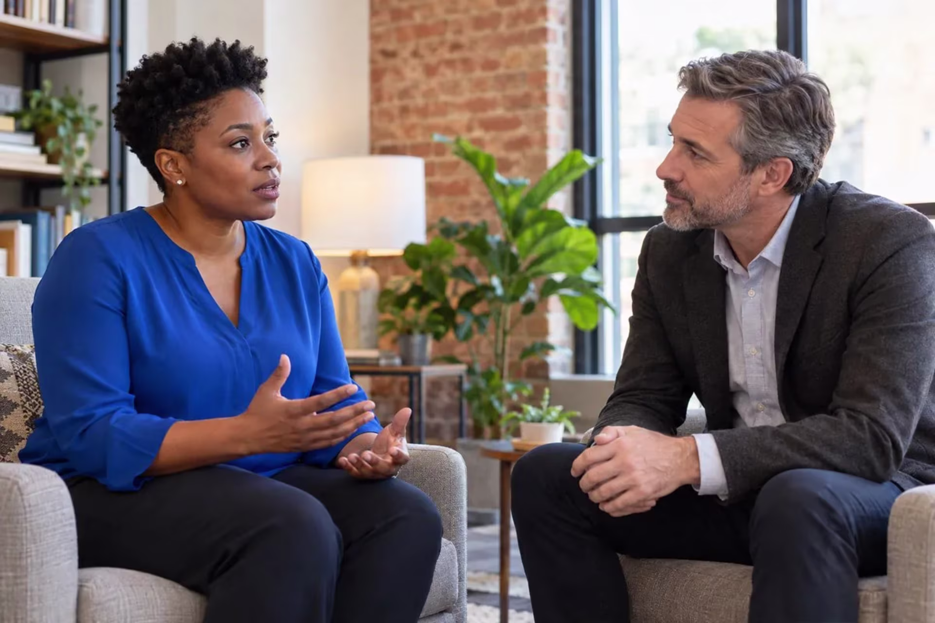 Client discussing GAD symptoms with a mental health professional during an assessment.