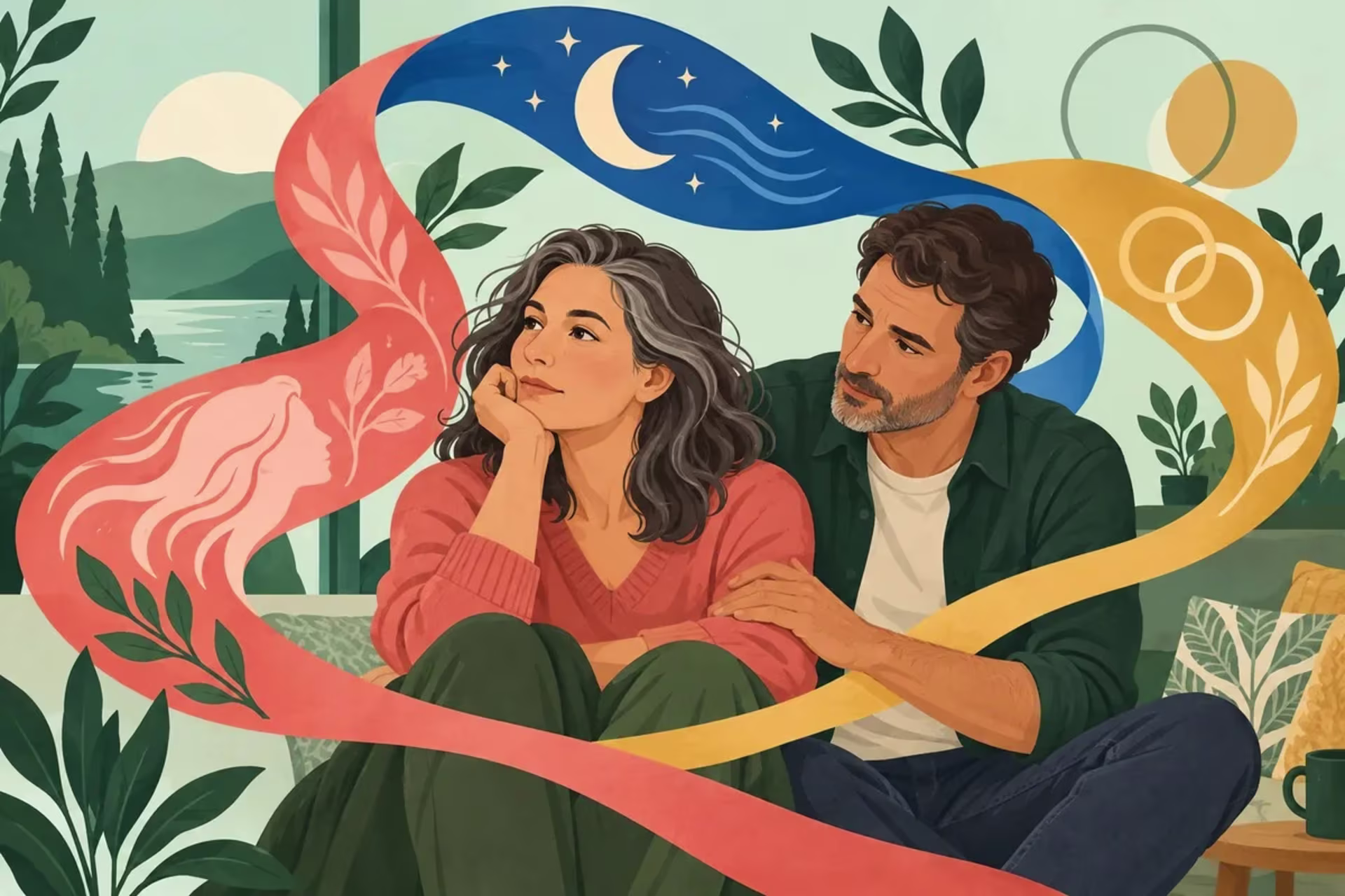 Illustration of interconnected body, sleep, and relationship factors associated with perimenopause libido changes.