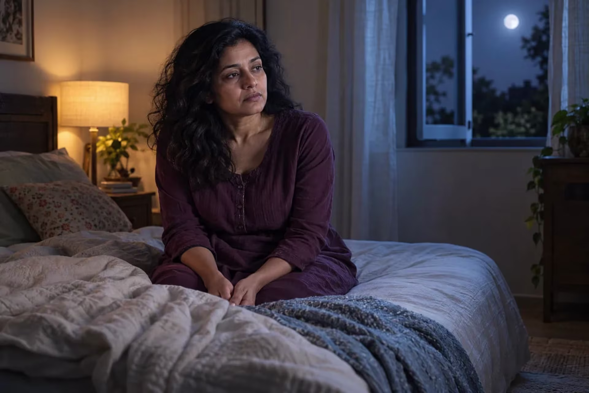 Woman awake at night, illustrating sleep disruption during perimenopause.