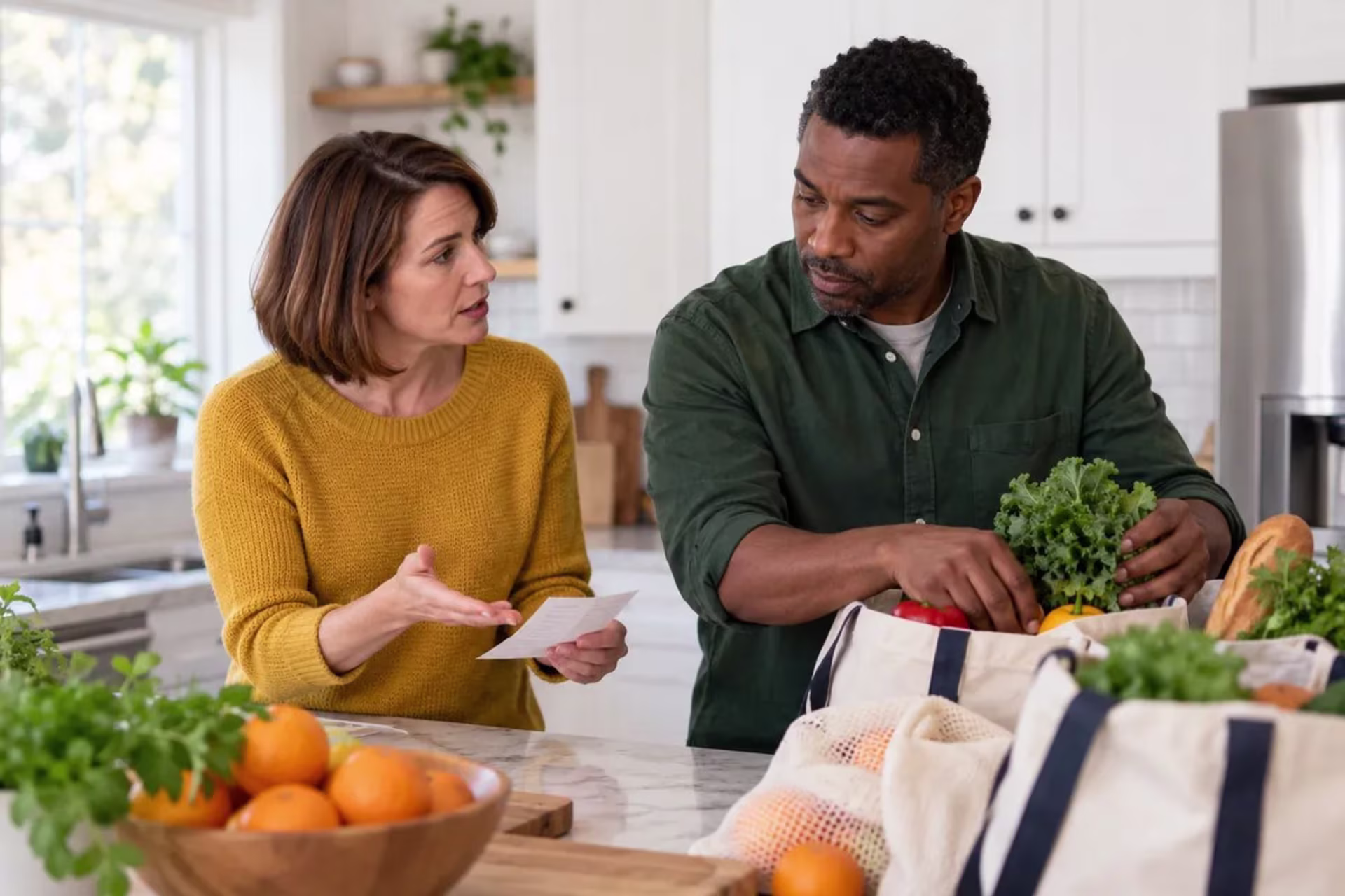 Couple discussing shared household responsibilities during the perimenopause transition.