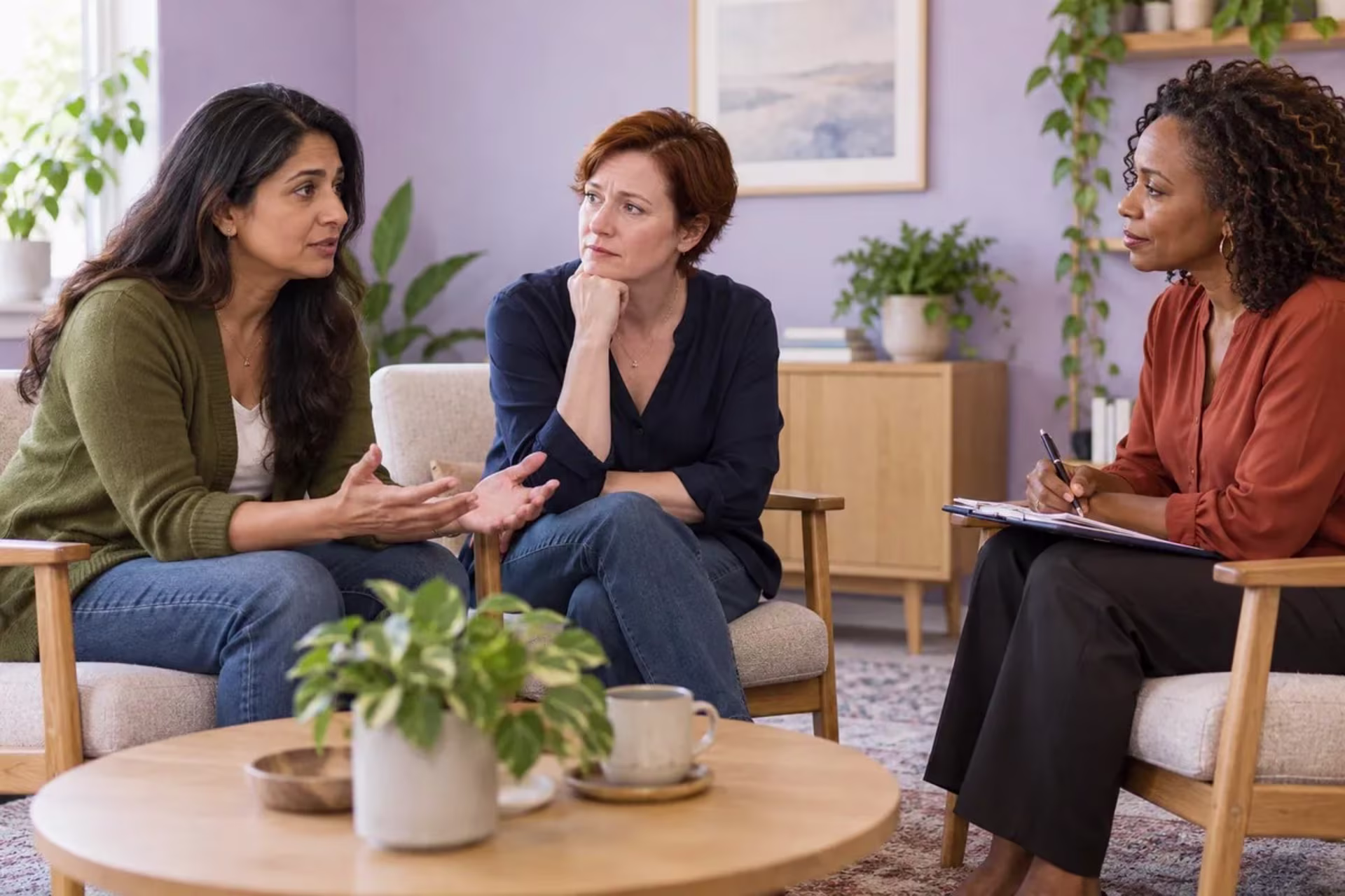 Midlife couple discussing relationship strain with a couples therapist.