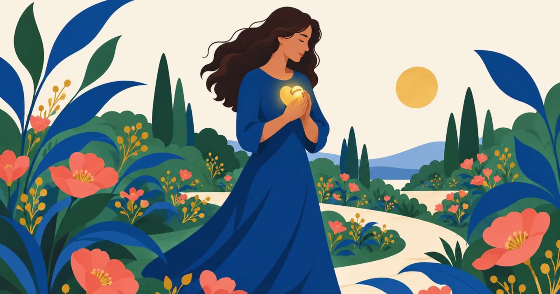 Illustration of a person carrying a golden memory through a garden, representing grief and bereavement.