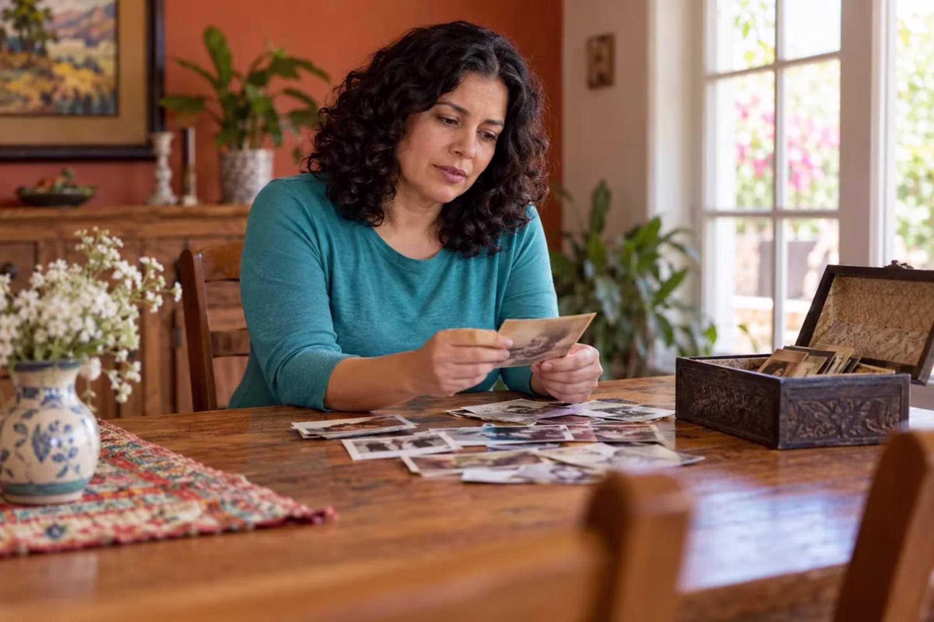 Woman looking through family photographs and keepsakes while remembering a loved one after a loss.