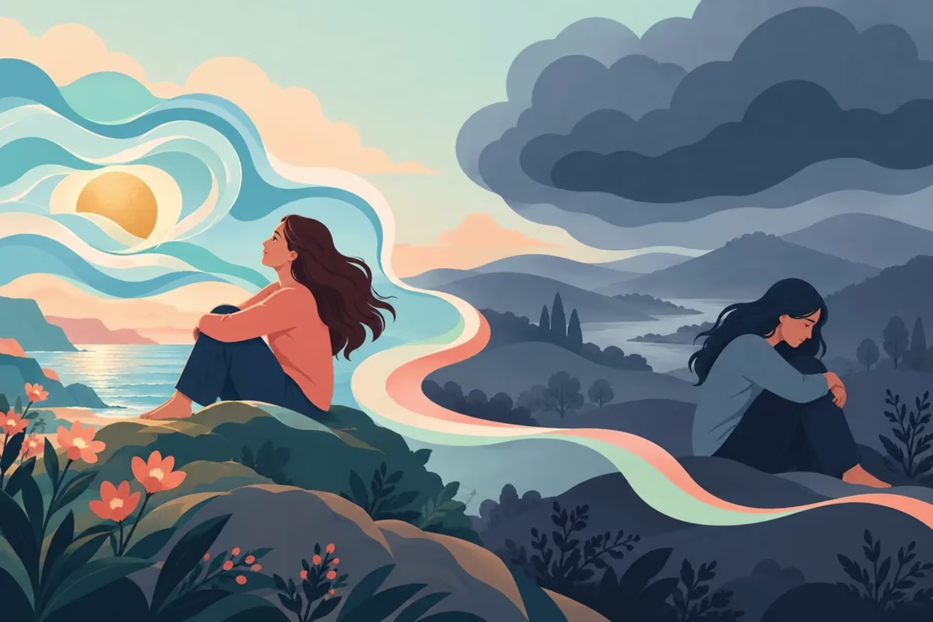 Illustration of waves and a cloud representing different emotional patterns in grief and depression.