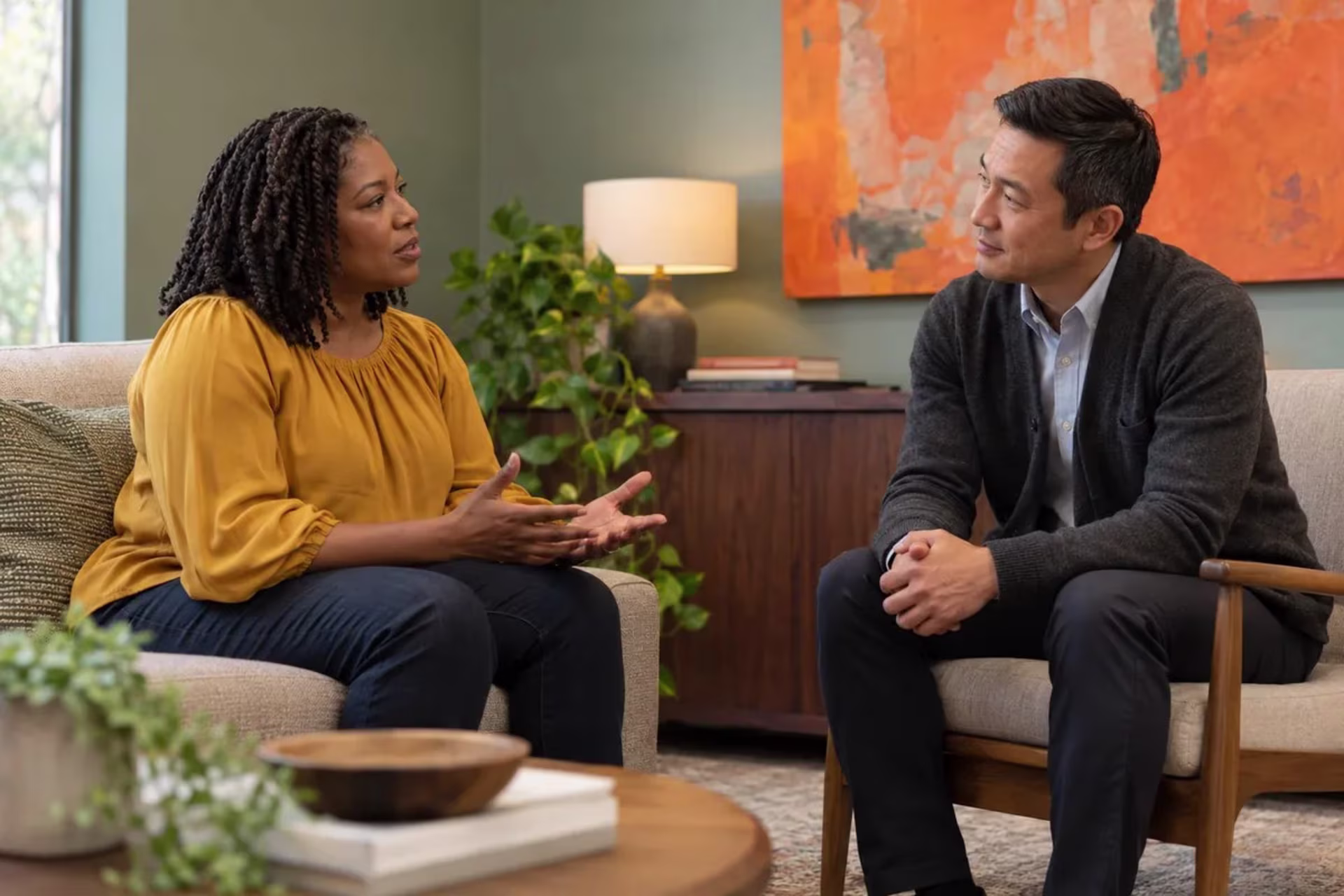 Woman speaking with a therapist during an individual grief counseling session.