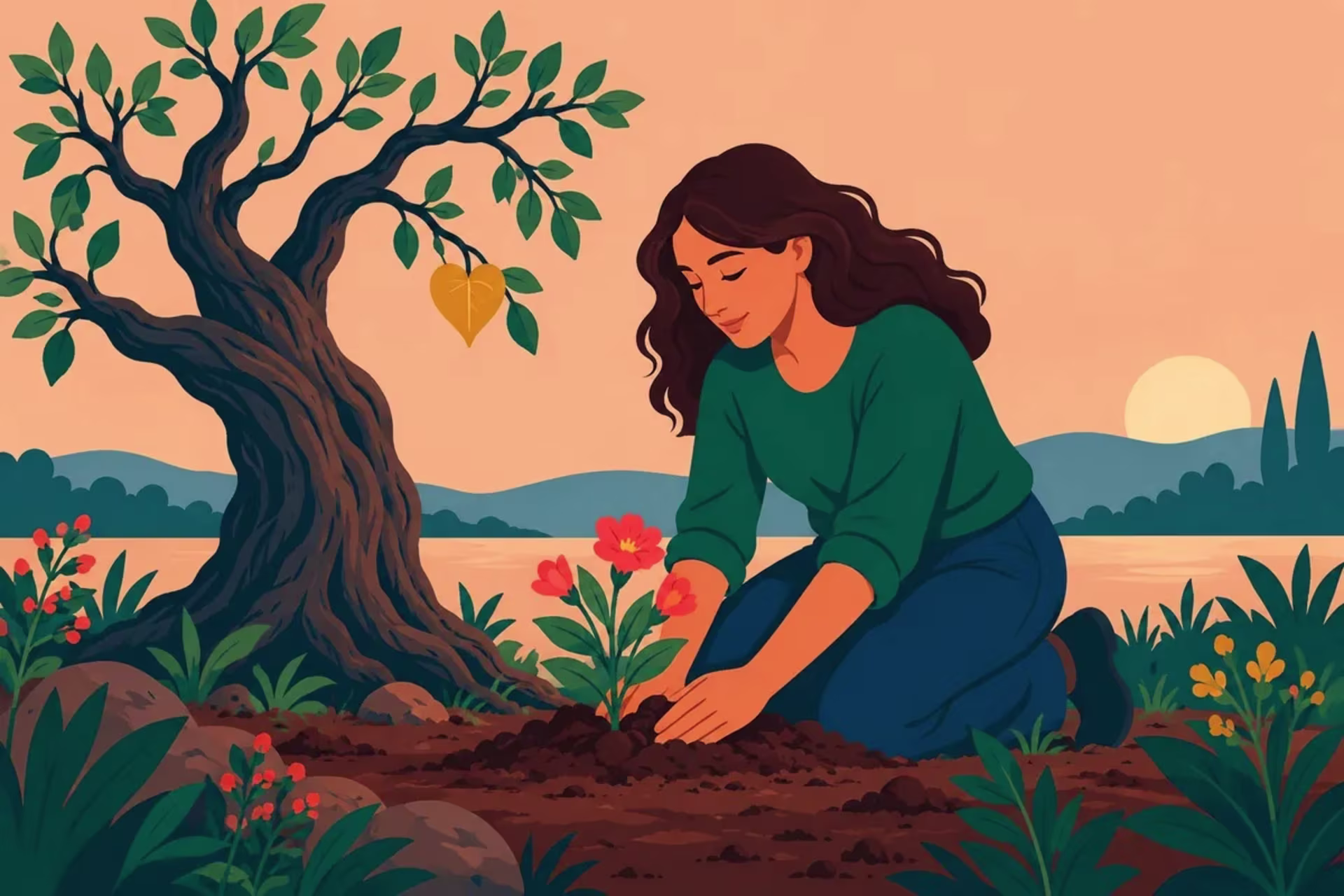 Illustration of tending an established tree and a new seedling, representing remembrance and values-based action after loss.