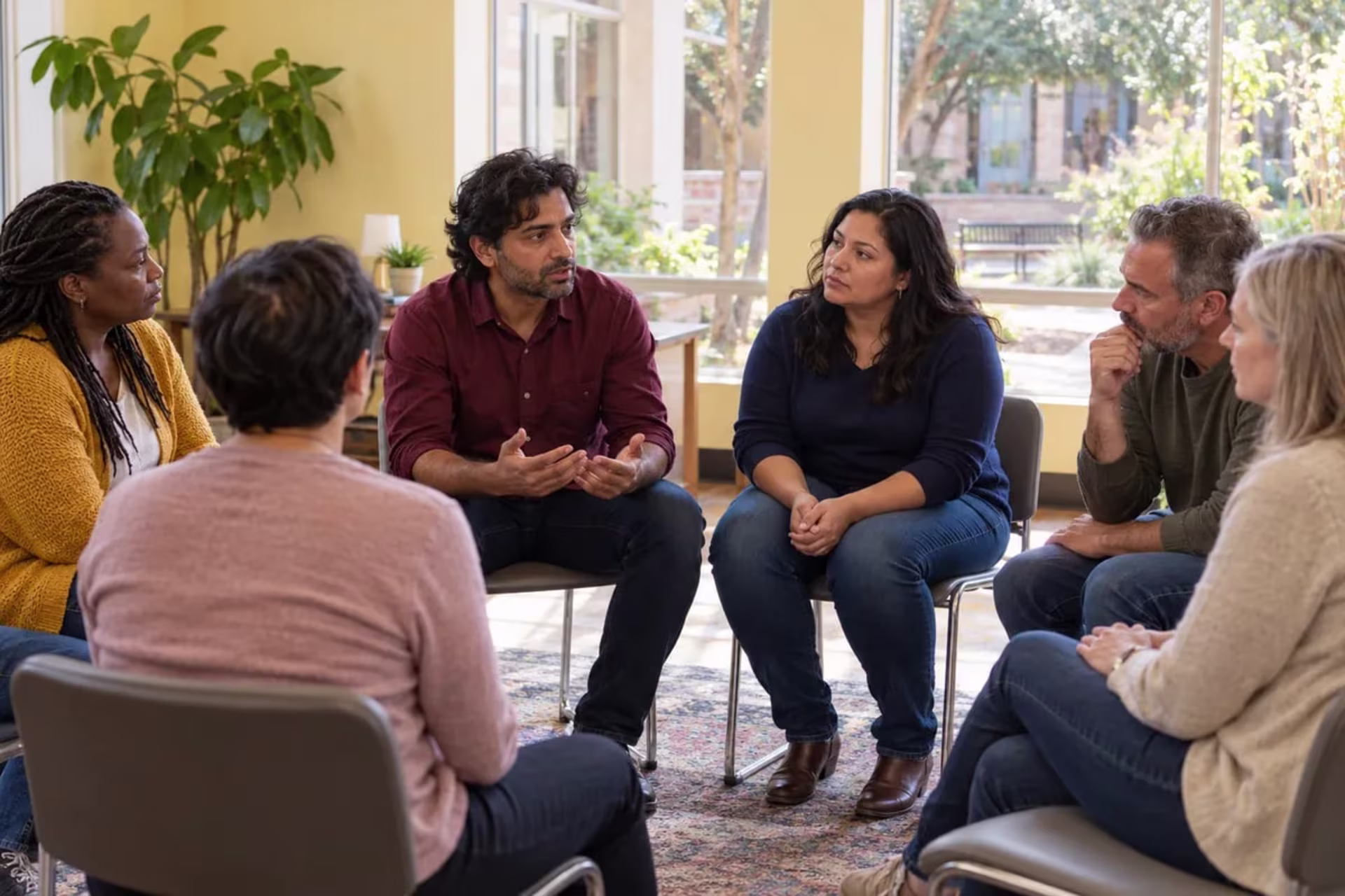 Adults sharing experiences and listening during a grief support group.