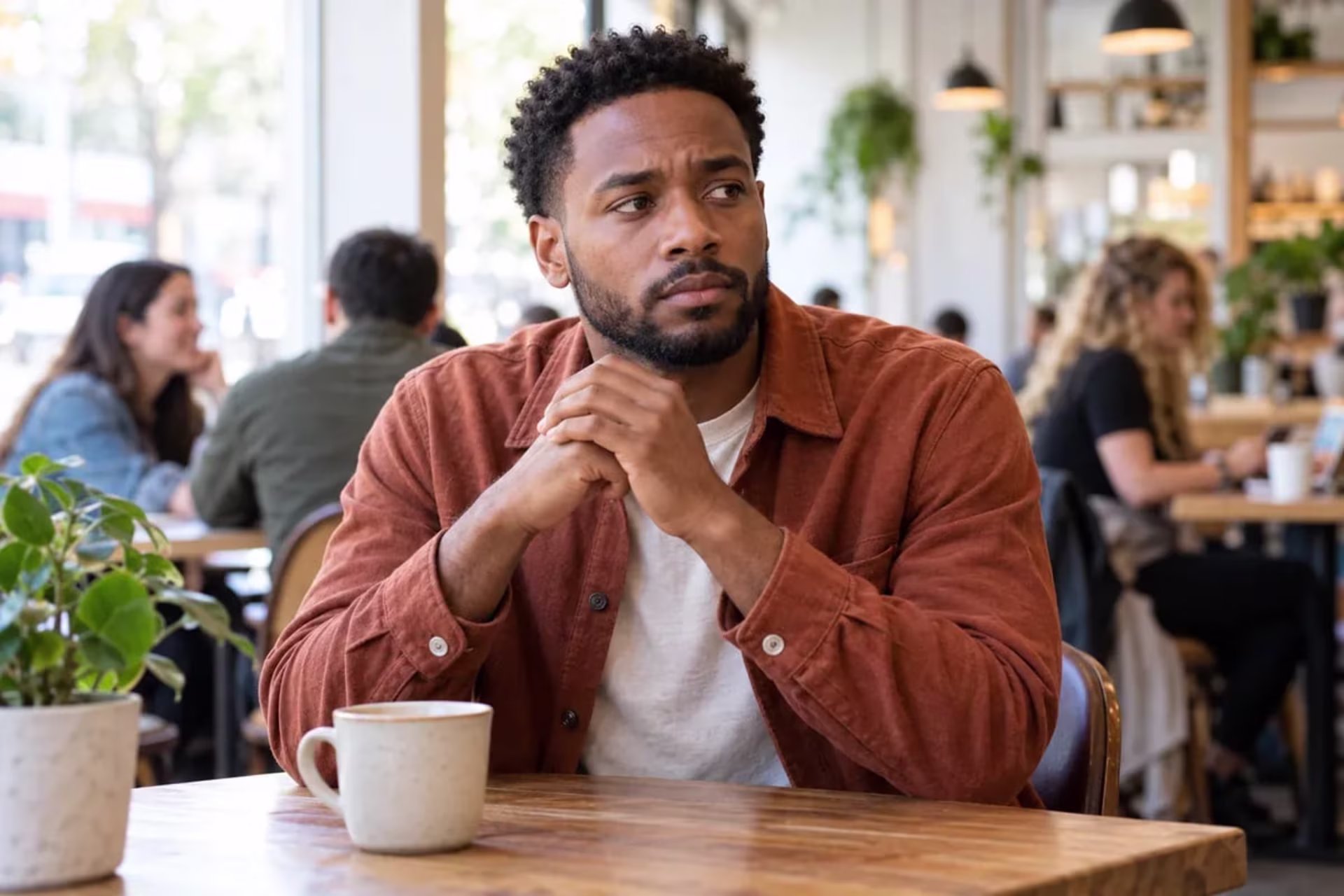 Man experiencing subtle anxiety while seated in a cafe.