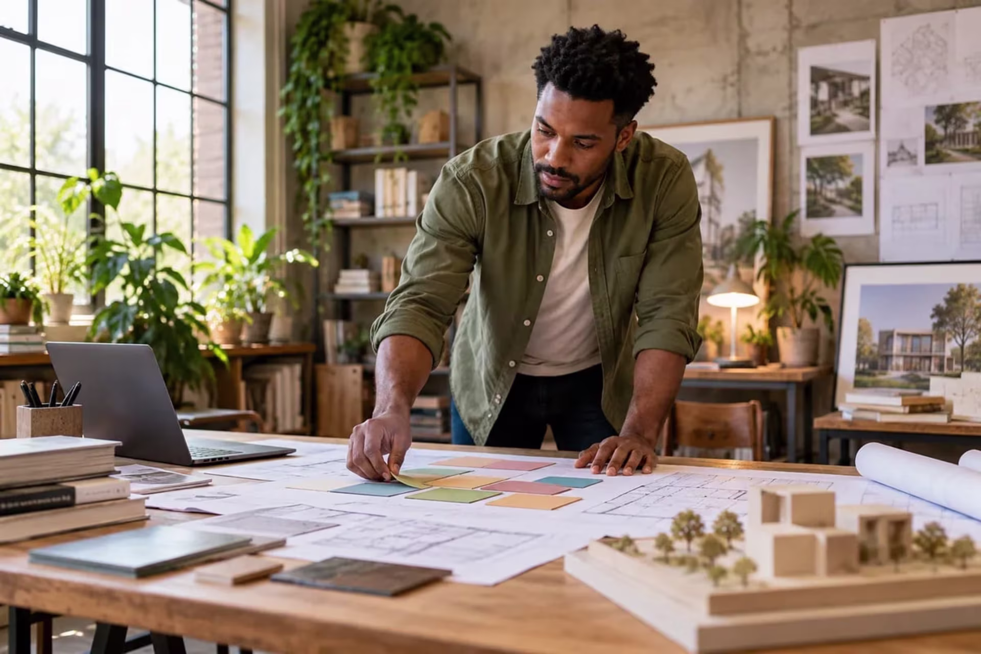 Man organizing planning cards on a studio worktable.