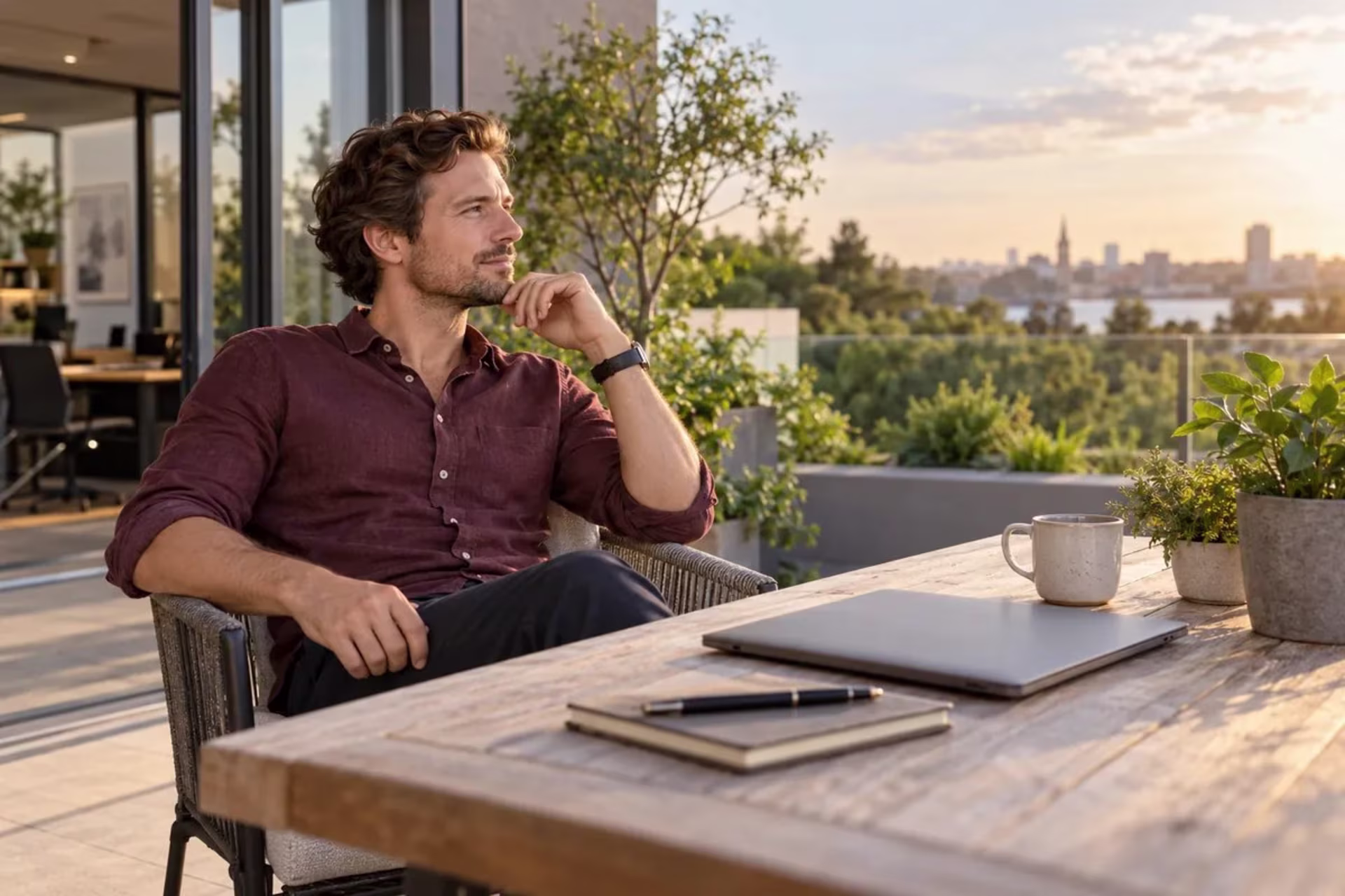 Man taking a break beside a closed laptop on an office terrace.