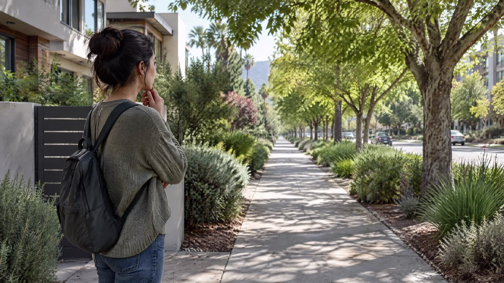 Adult pausing at the entrance to a tree-lined neighborhood path, OCD therapy in San Jose near me