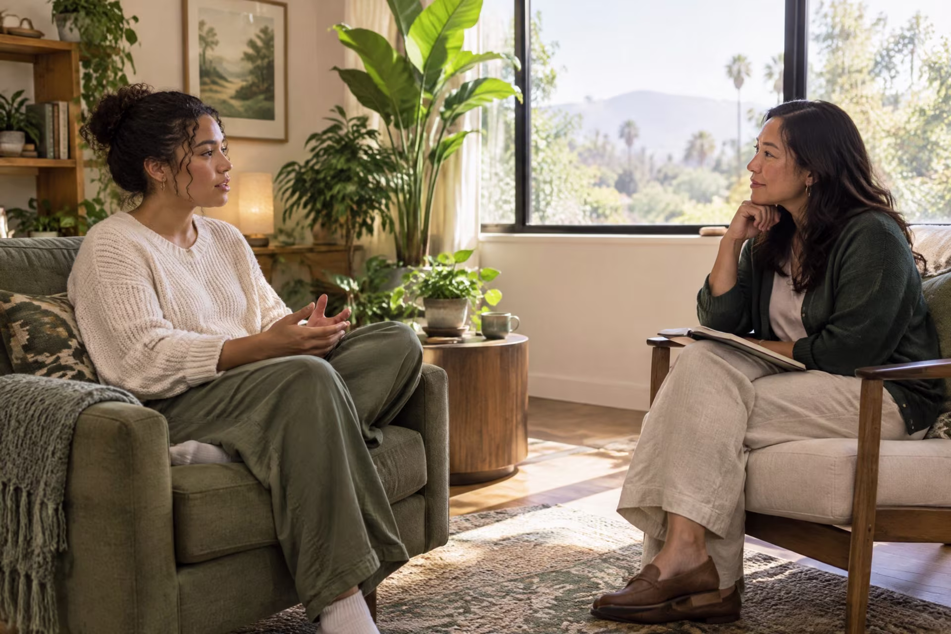 Therapist listening at a respectful distance from a client in a calm room, san jose trauma therapy near me