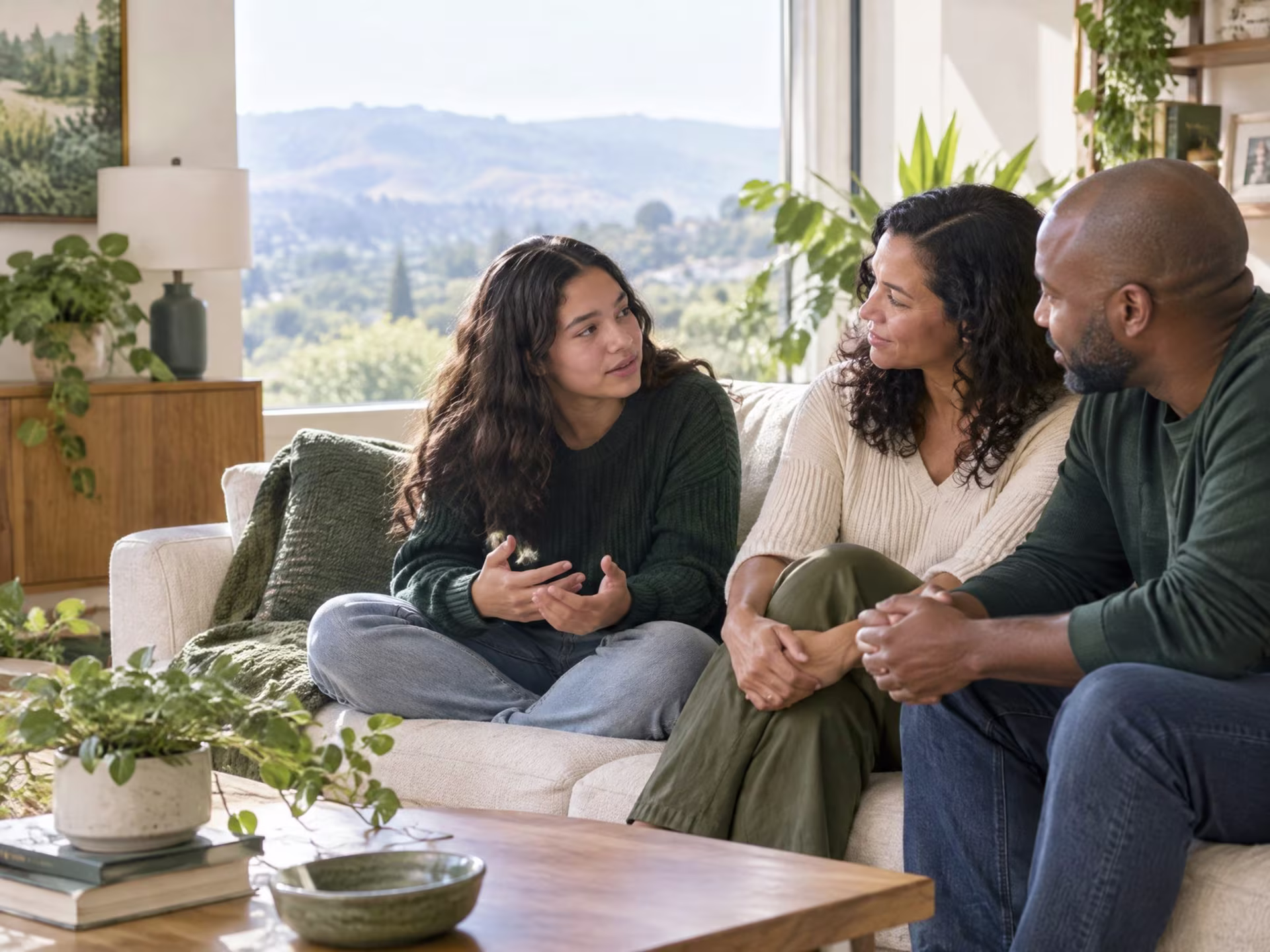 Parent and teenager talking together on a sofa in a sunlit family home, family therapy in San Jose near me