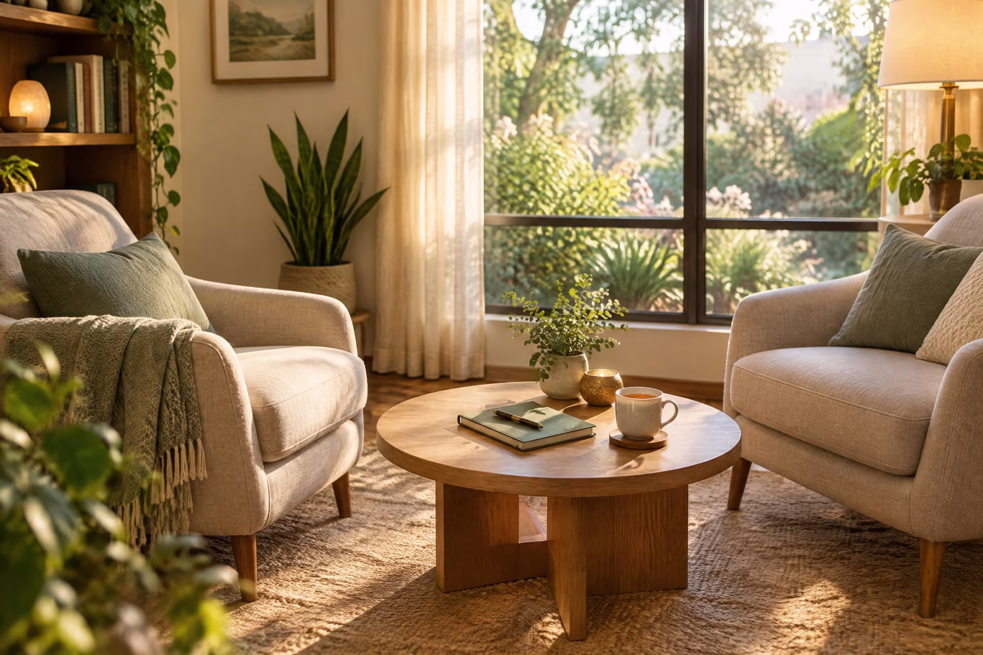 Two chairs and a small table in a sunlit room, therapist in San Jose near me