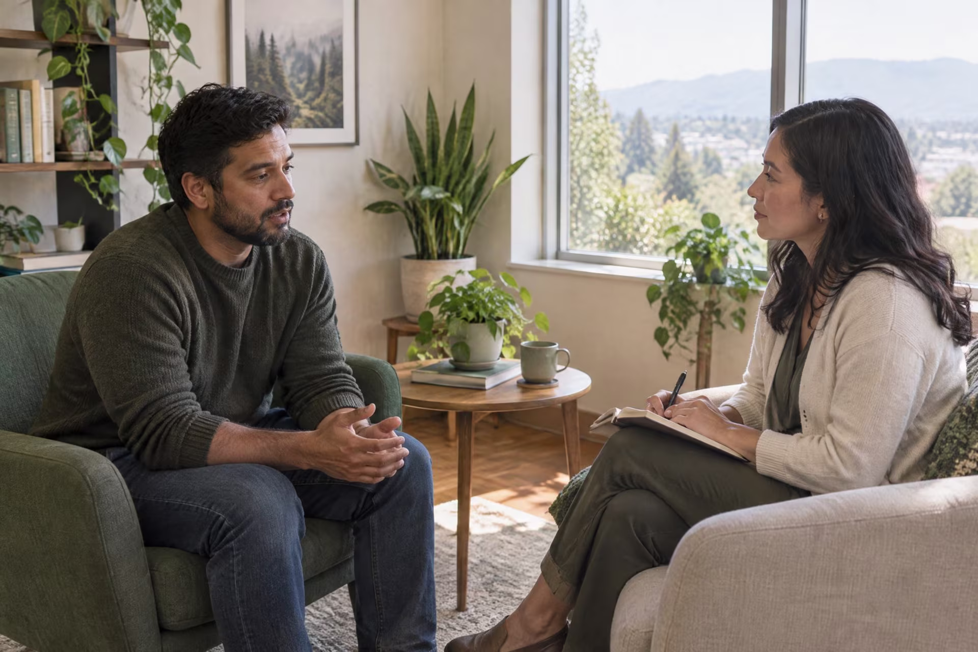 Therapist listening as an adult discusses concerns in a light-filled room, depression therapy in San Jose near me
