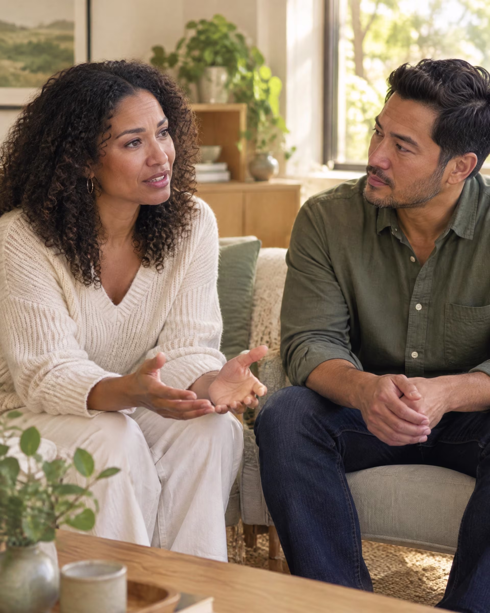 Partners speaking openly in a warm therapy setting, couples therapy in San Jose near me