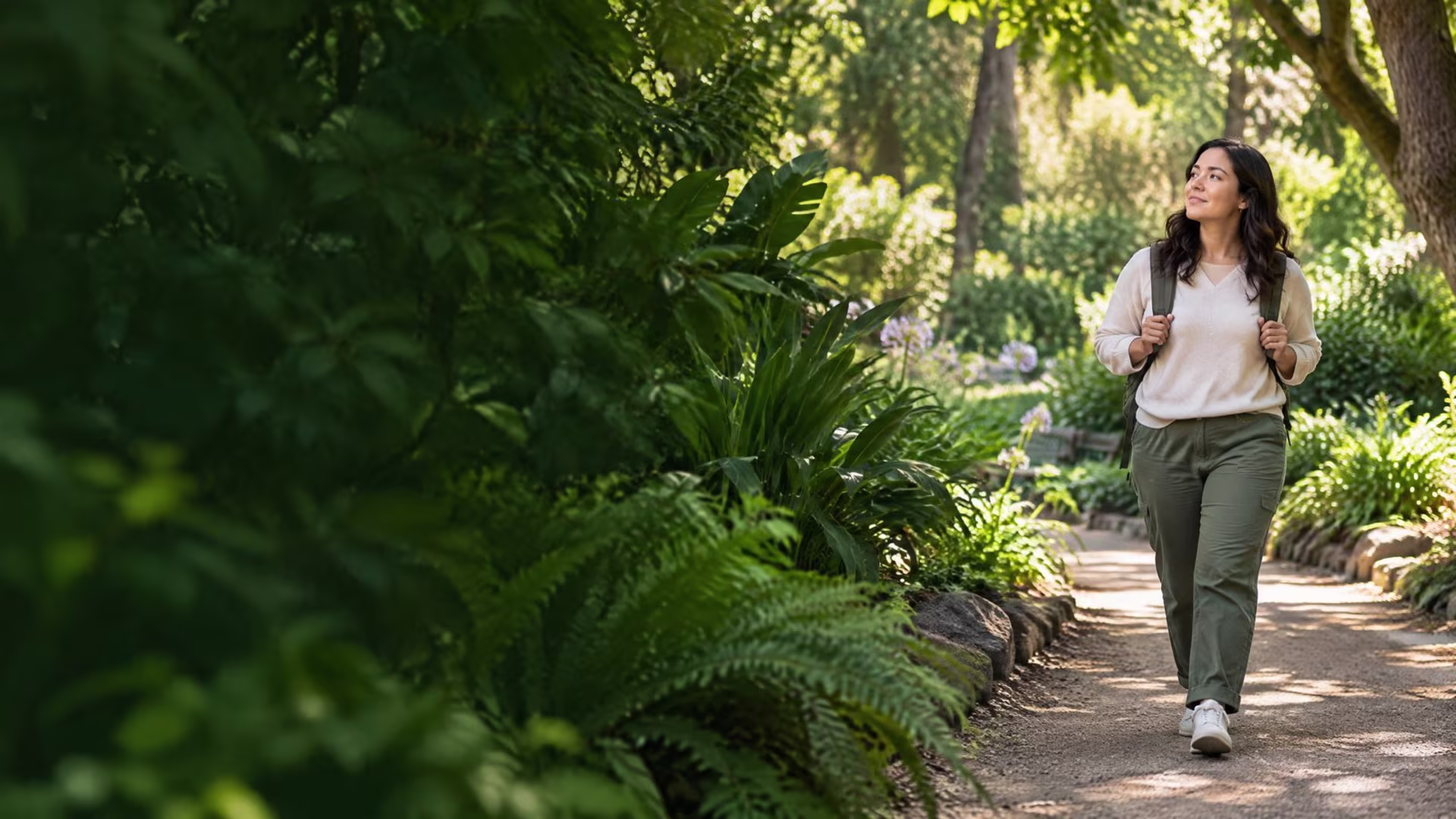 Adult walking beneath trees along a quiet California garden path, san jose trauma therapy near me